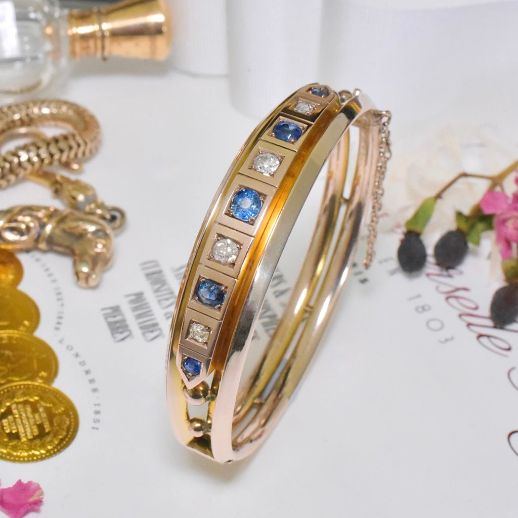 Antique Edwardian 9ct Yellow Gold Sapphire And Diamond Bangle Circa 1910 Independent Gemmological Valuation for $8000 AUD Included With Purchase