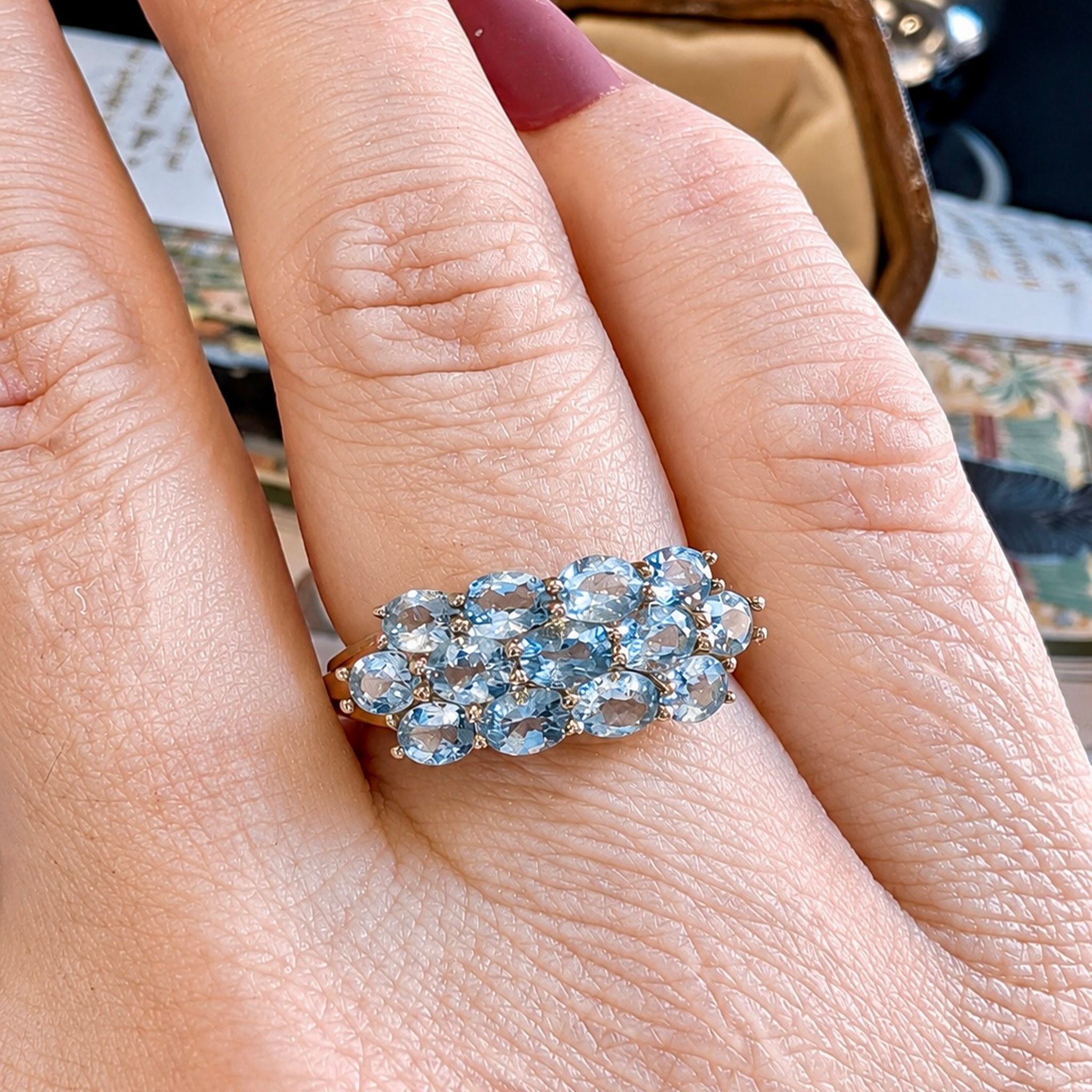 Gorgeous Contemporary 9ct Yellow Gold Multi- Aquamarine Ring