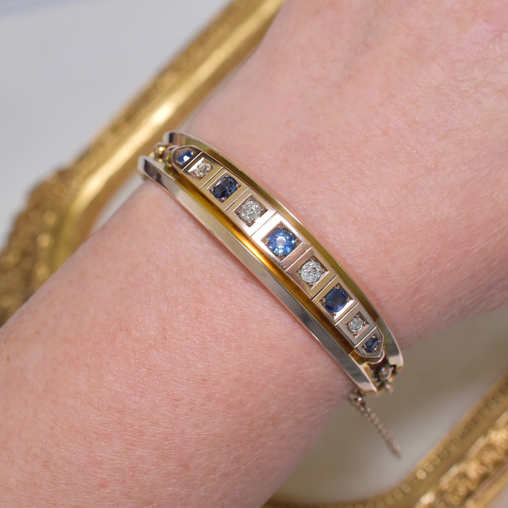 Antique Edwardian 9ct Yellow Gold Sapphire And Diamond Bangle Circa 1910 Independent Gemmological Valuation for $8000 AUD Included With Purchase