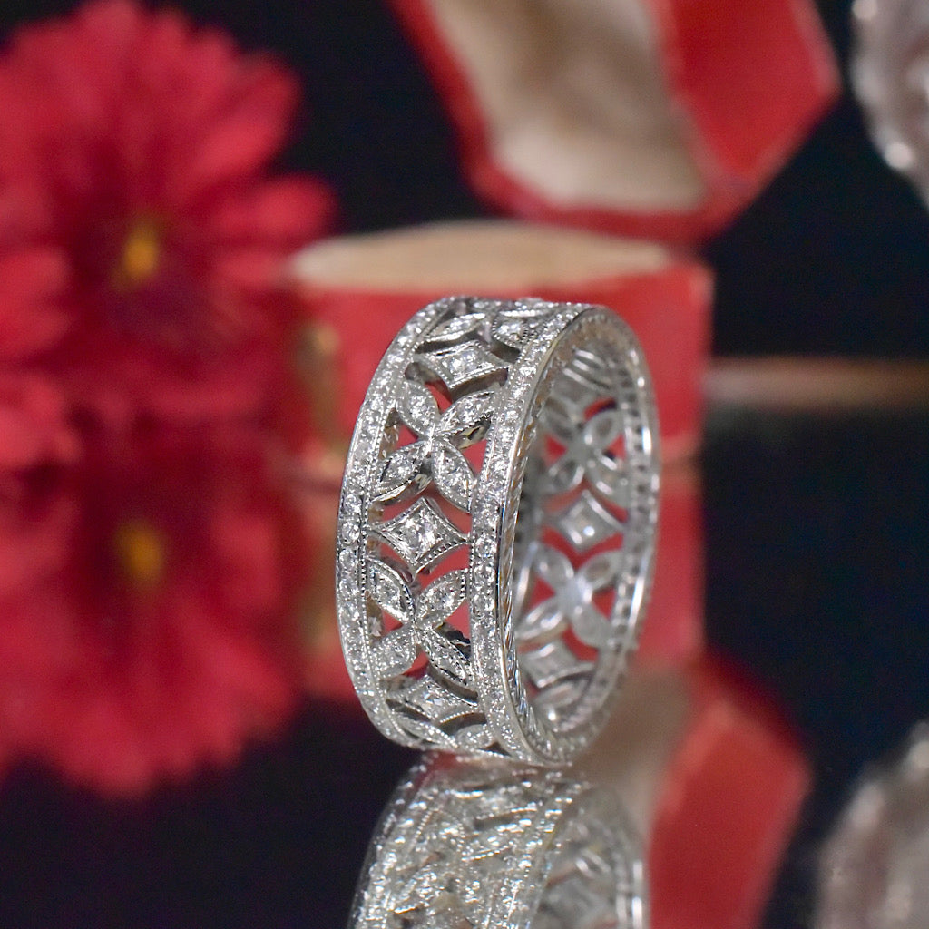 Modern 18ct White Gold Floral Diamond Wide Ring