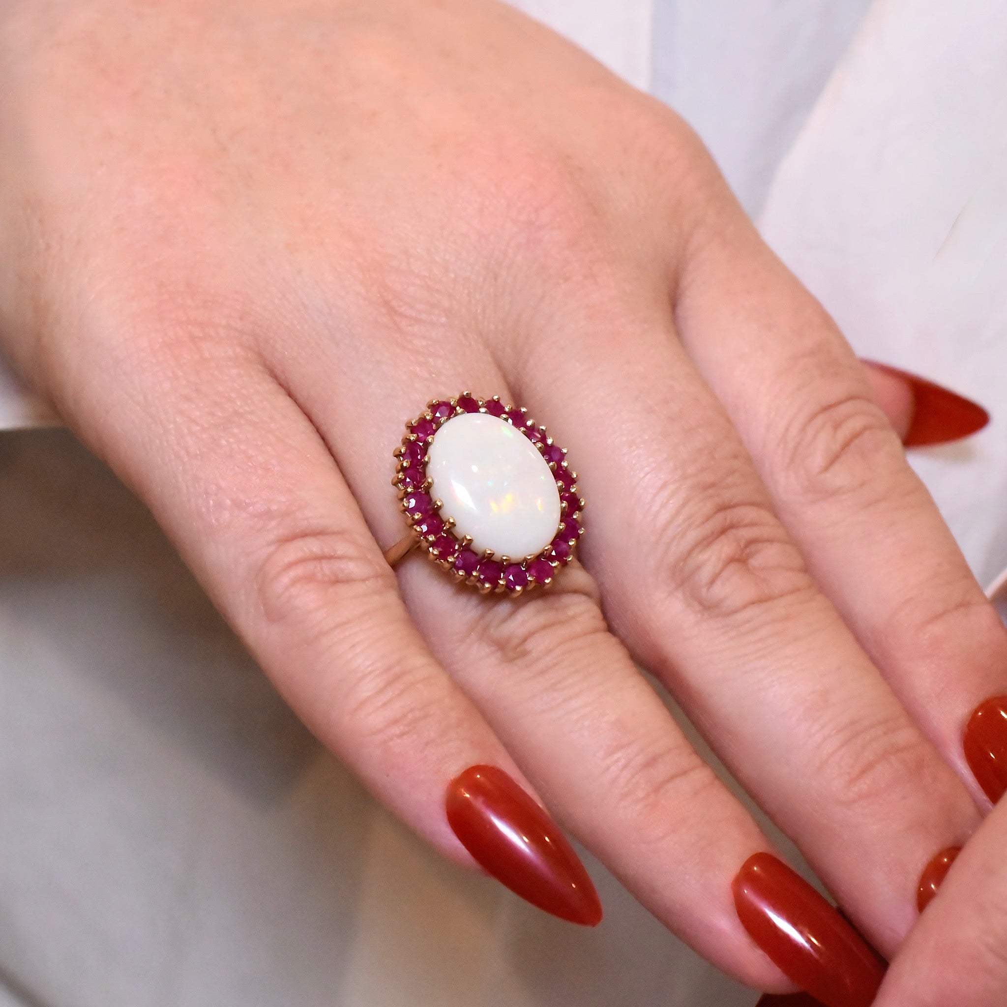 Modern 9ct Yellow Gold Solid White Opal And Ruby Halo Ring  