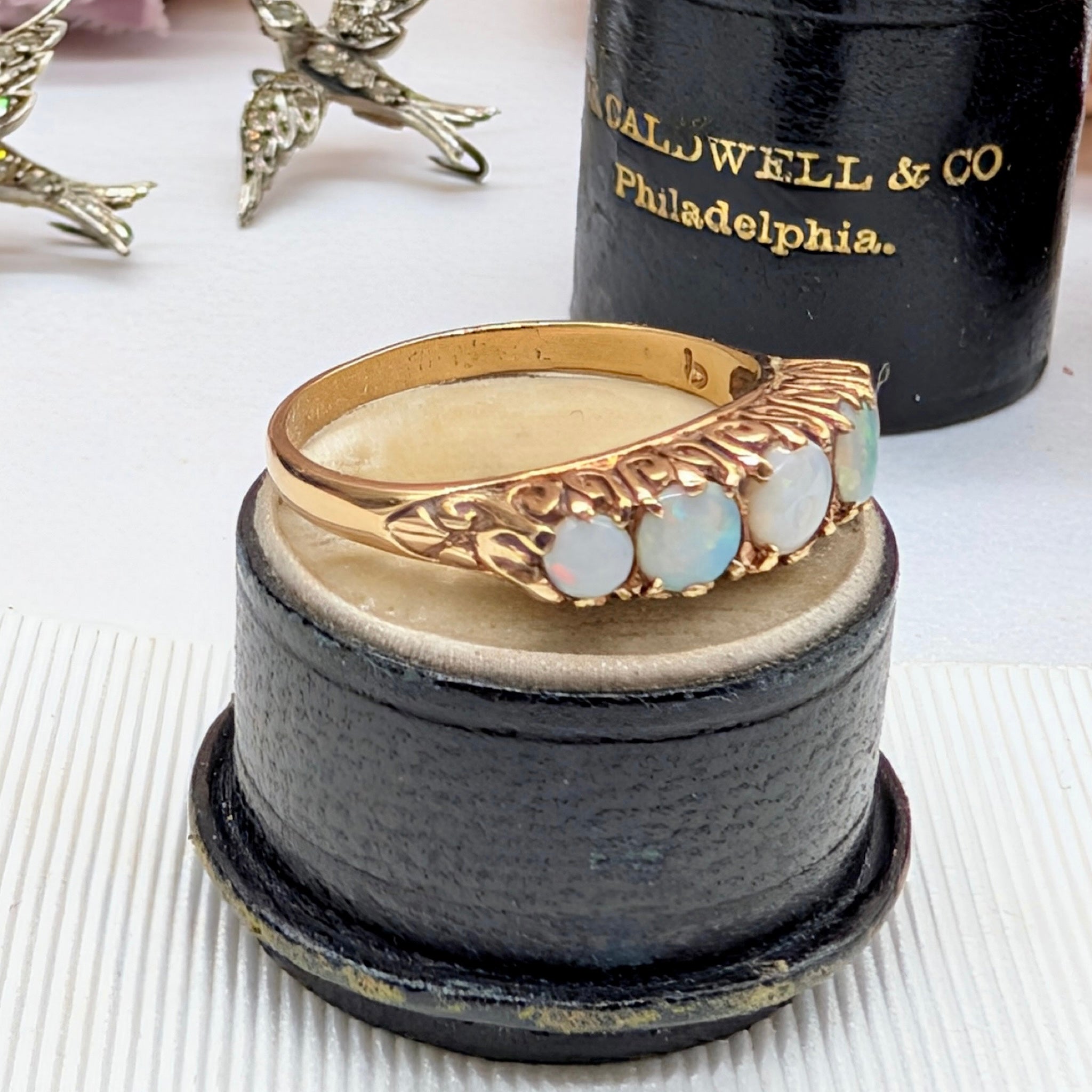 Antique Style 9ct Rose Gold Solid Opal Half Hoop Ring