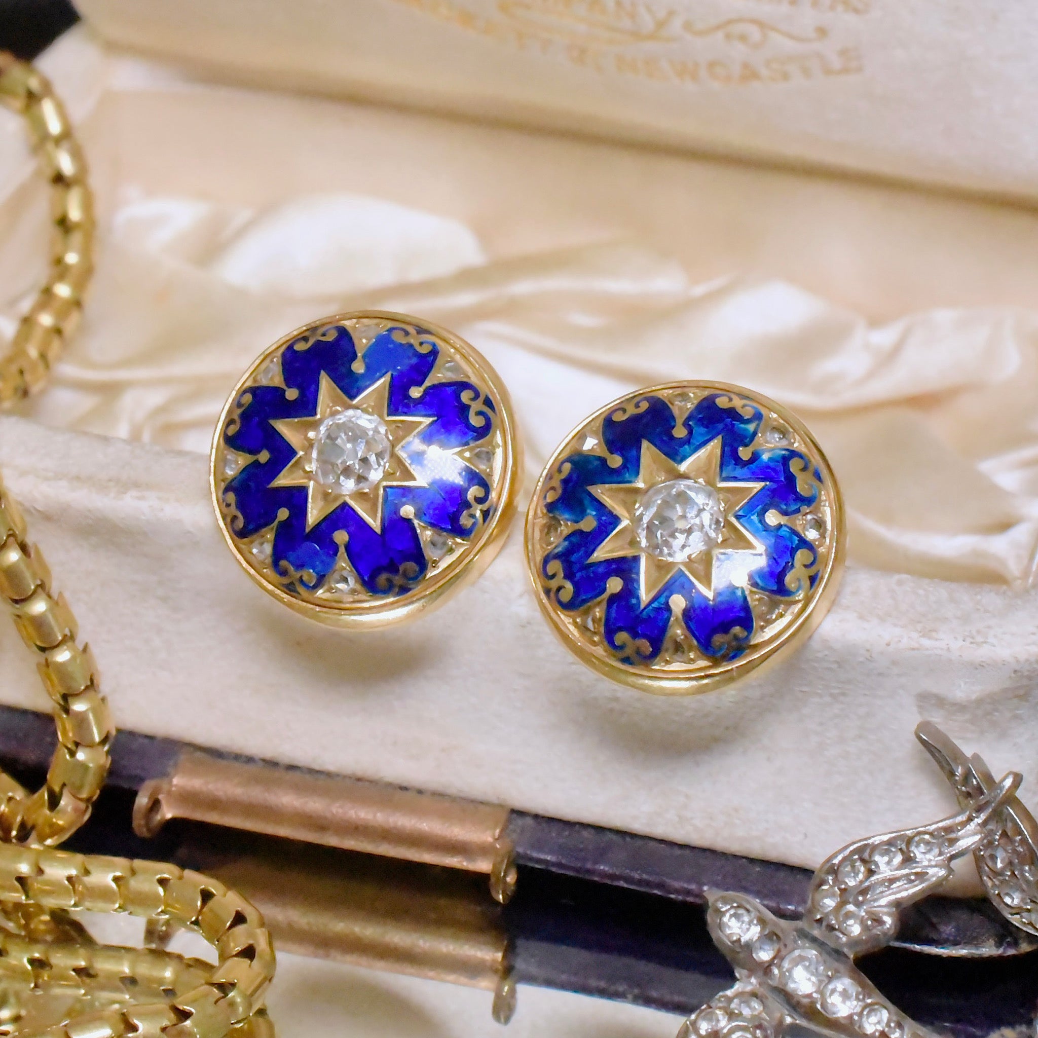 Modern 18ct Yellow Gold Diamond And Enamel Earrings