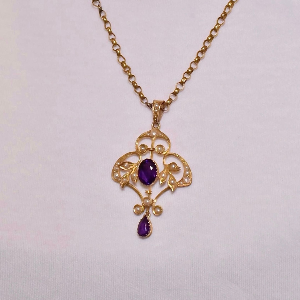 Antique Edwardian 9ct Yellow Gold Amethyst And Seed Pearl Pendant Circa 1910