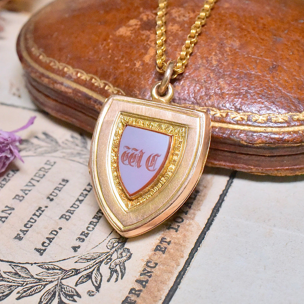 Antique 15ct Rose Gold And Sardonyx Shield Locket Circa 1900