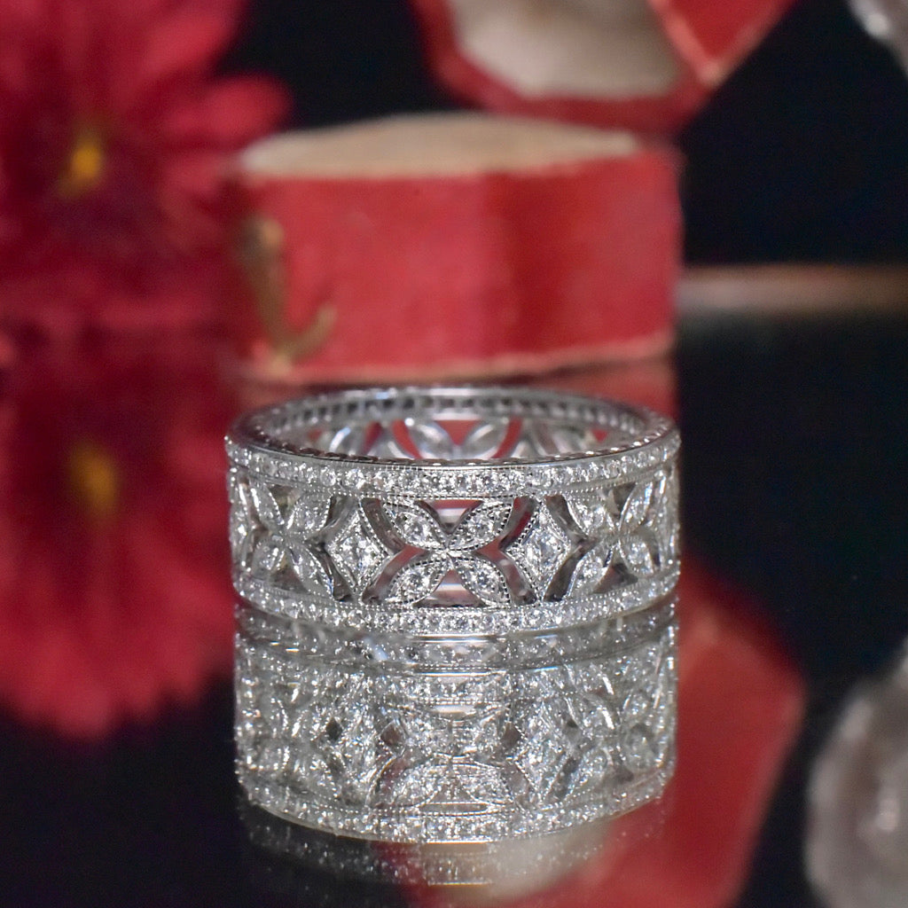 Modern 18ct White Gold Floral Diamond Wide Ring