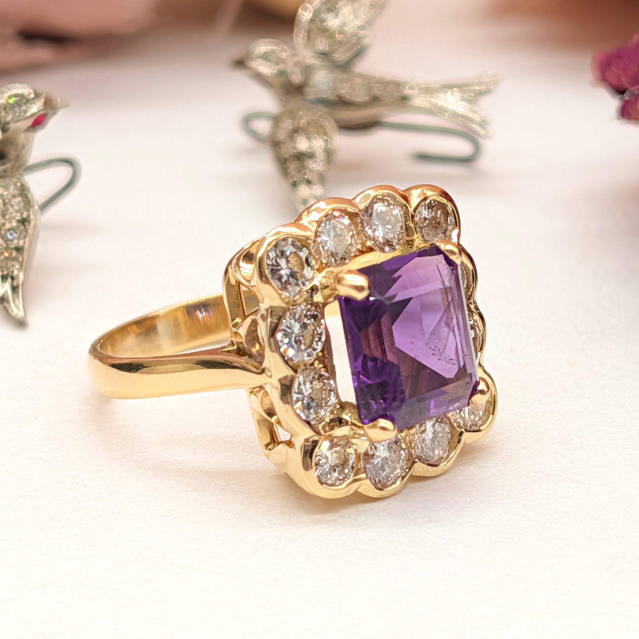 Superb Contemporary 18ct Yellow Gold Emerald-Cut Amethyst & Diamond Cluster Ring Complete with an Independent Valuation for $11,000 AUD
