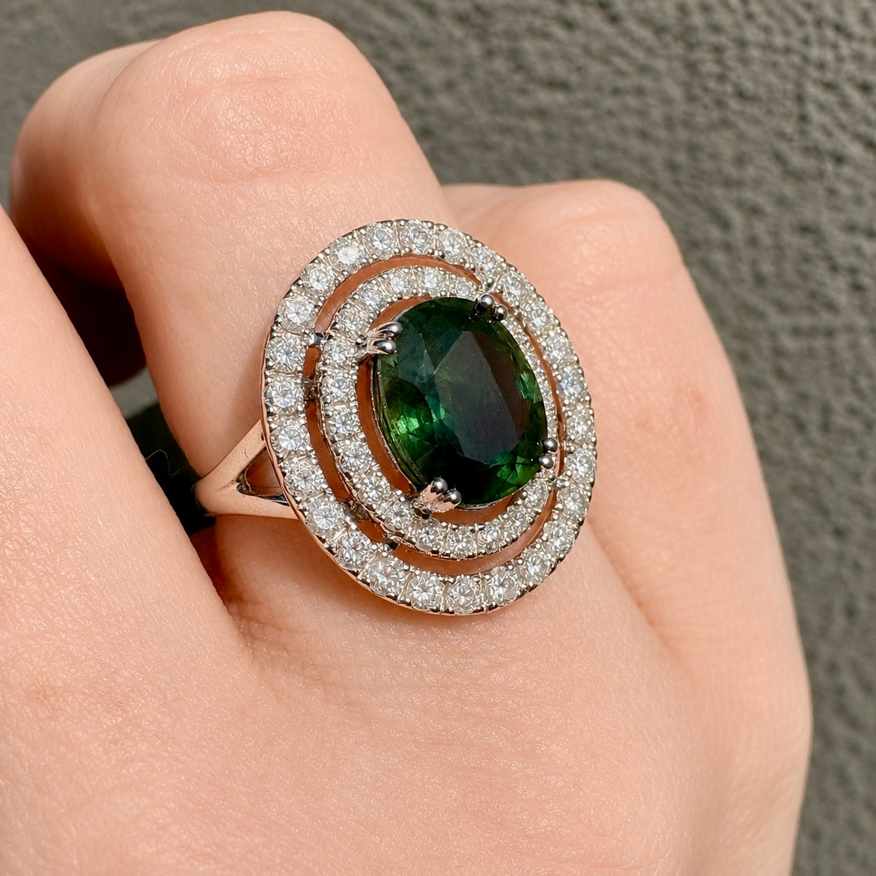 Stunning Contemporary 14ct White Gold Green Sapphire & Diamond Double Halo Ring. Independent Gemmological Valuation included $16,100 AUD