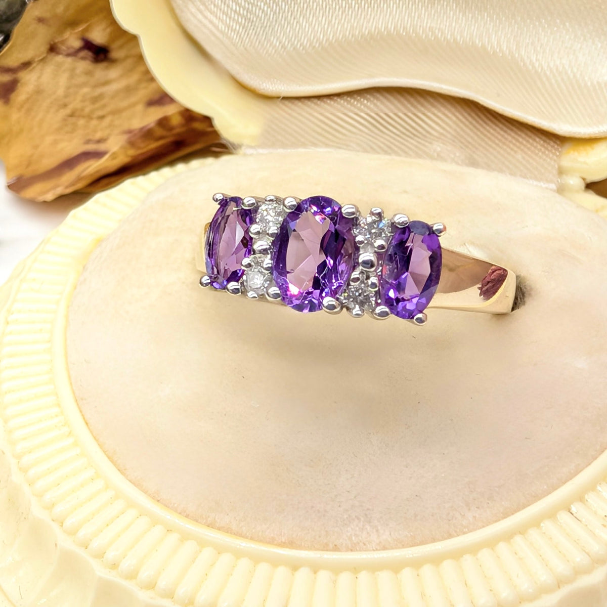 Contemporary 9ct Yellow Gold Amethyst And Diamond Trilogy Ring