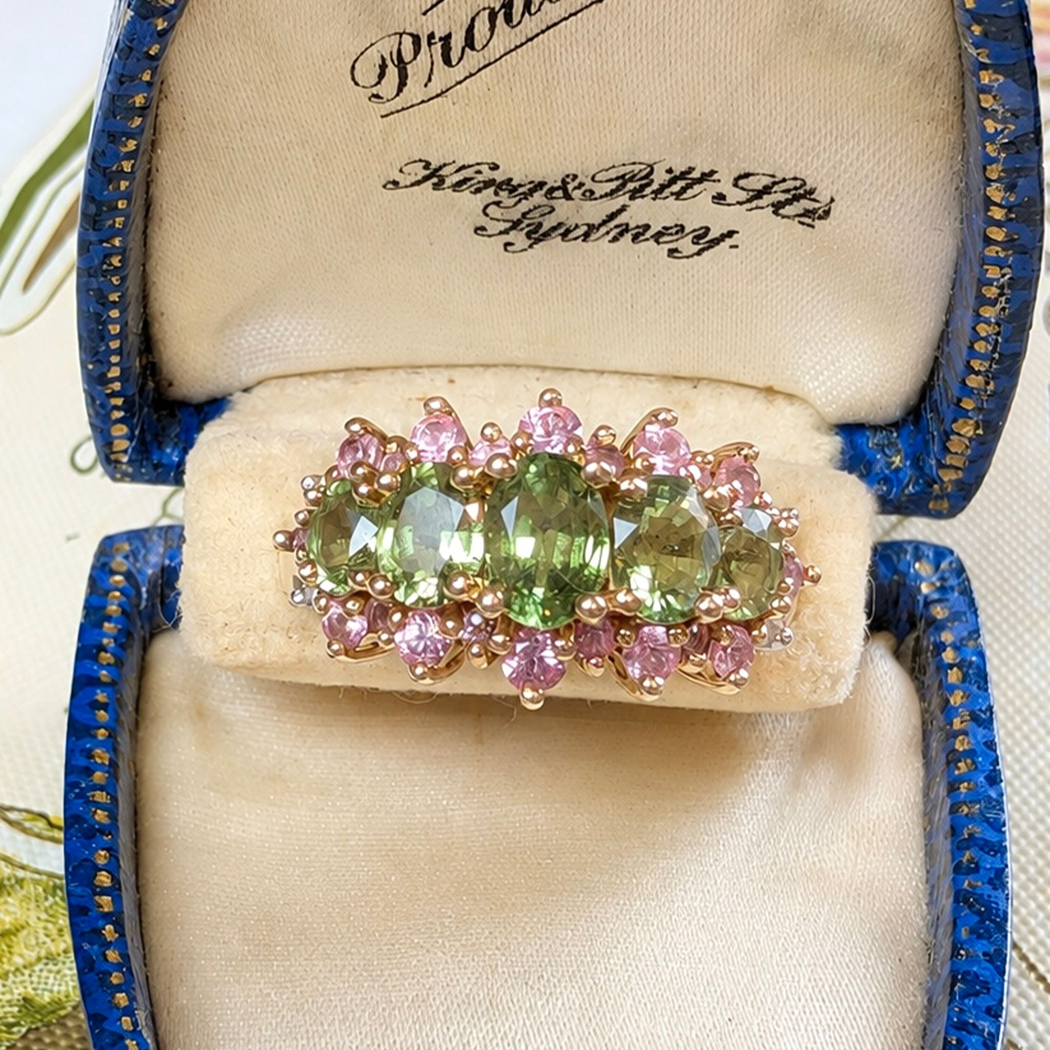 Gorgeous Contemporary 9 Carat Yellow Gold Peridot, Pink Sapphire & Diamond Ring - Birmingham 2004