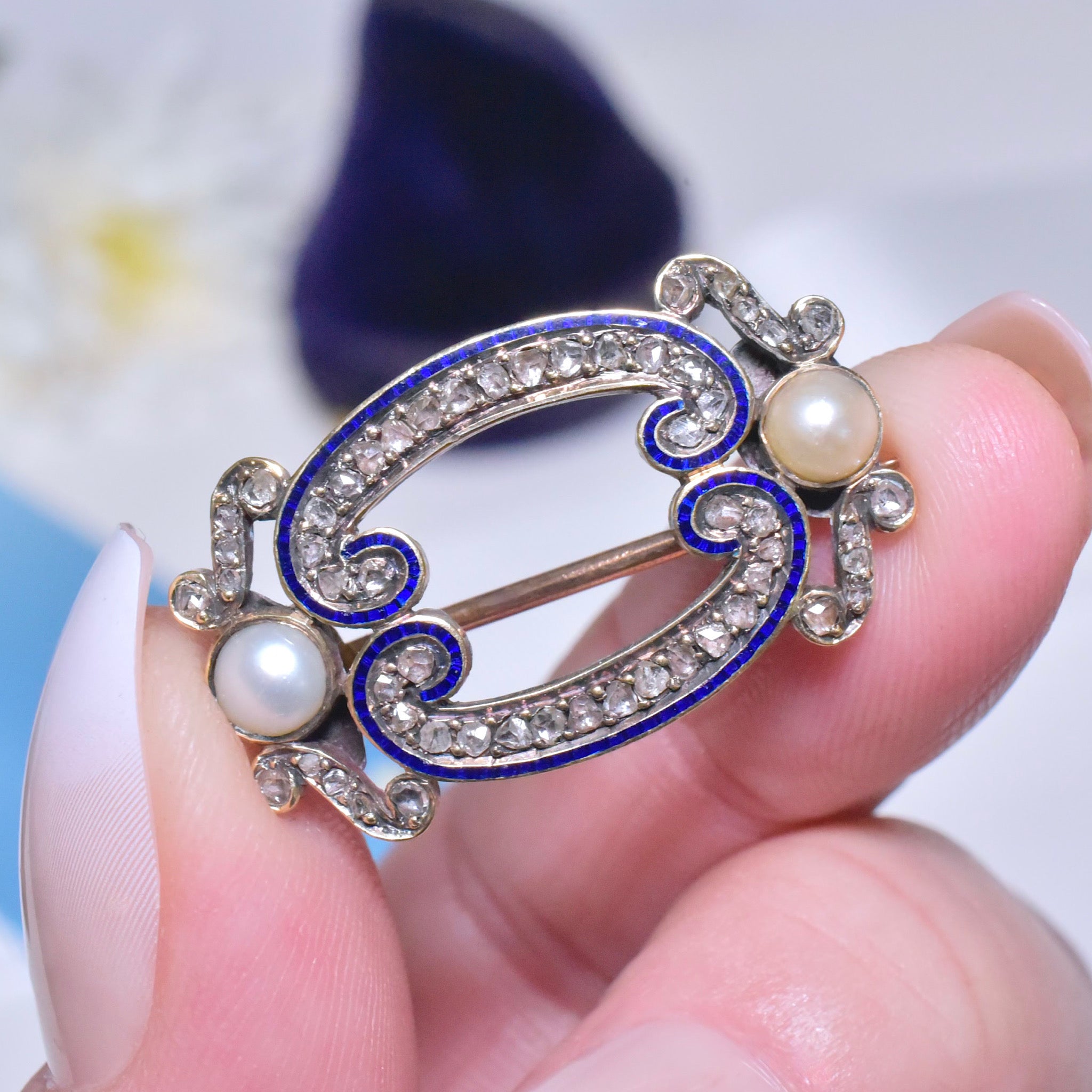 Antique Victorian ,Diamond Blue Enamel, Pearl Brooch Circa 1870-1890