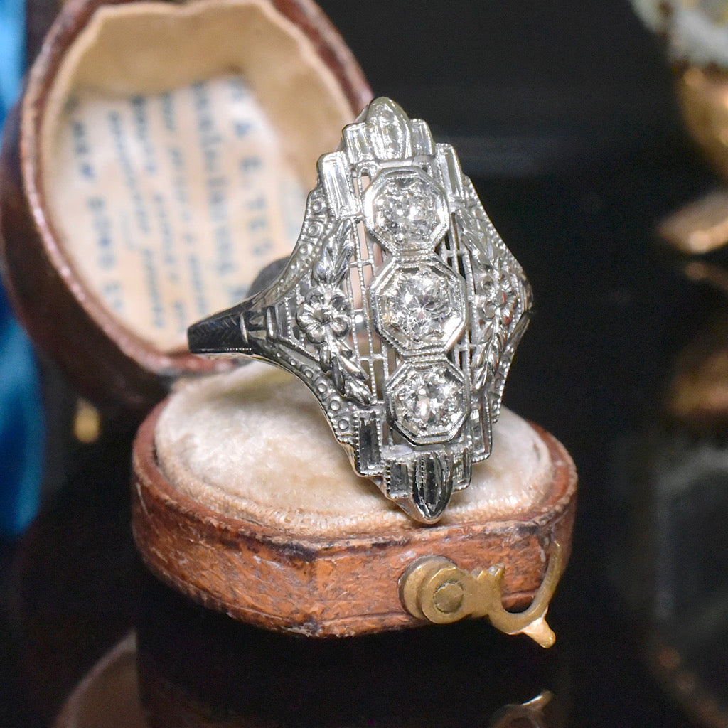 Antique Art Deco 18ct White Gold And Diamond ‘North To South’ /Dinner’ Ring Circa 1920-30’s