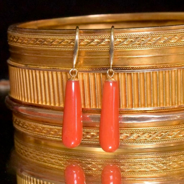 Contemporary 18ct Gold Red Coral Torpedo Drop Earrings