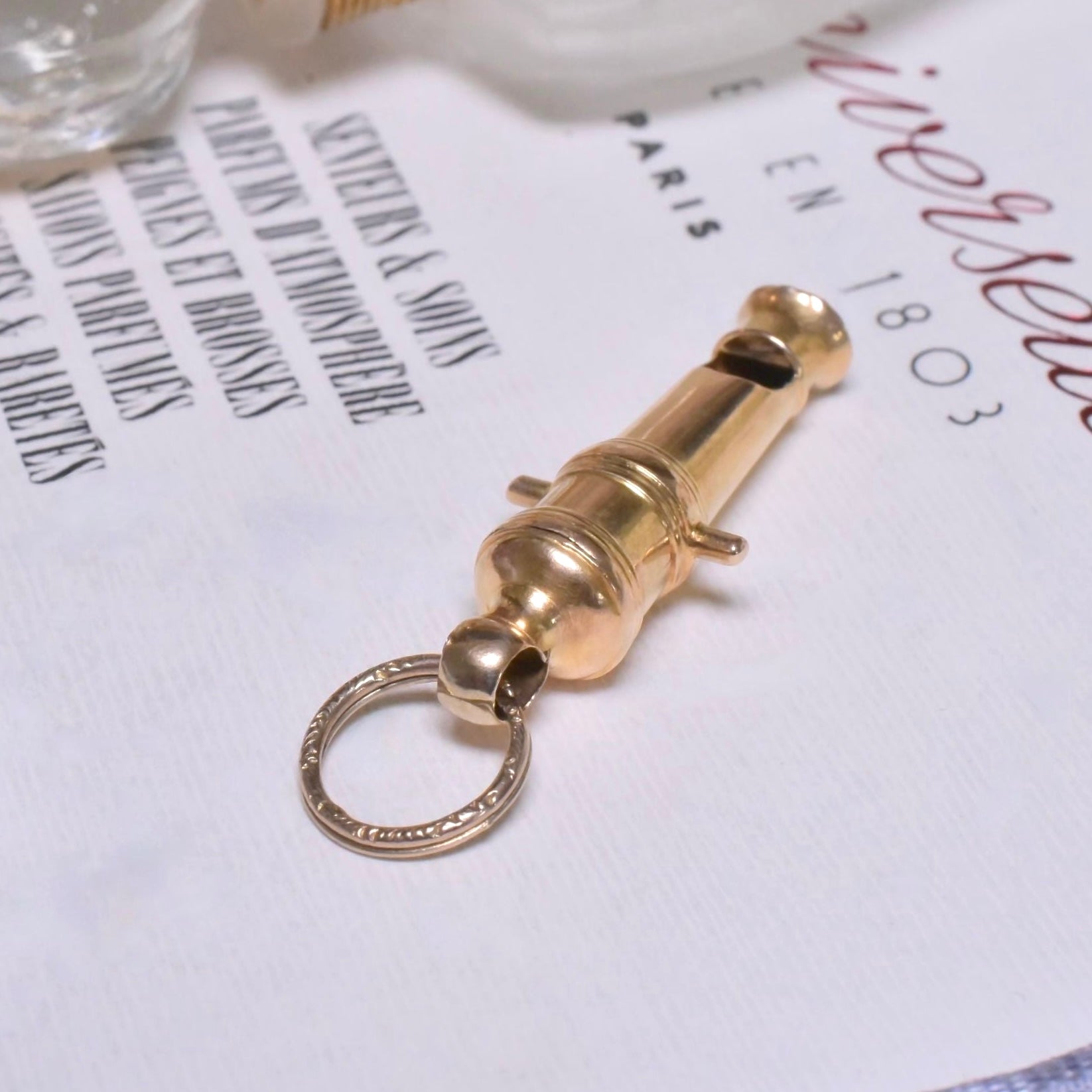 Antique Victorian 15ct (And 9ct) Yellow Gold ‘Whistle’ Canon Pendant With Antique Engraved Split Ring