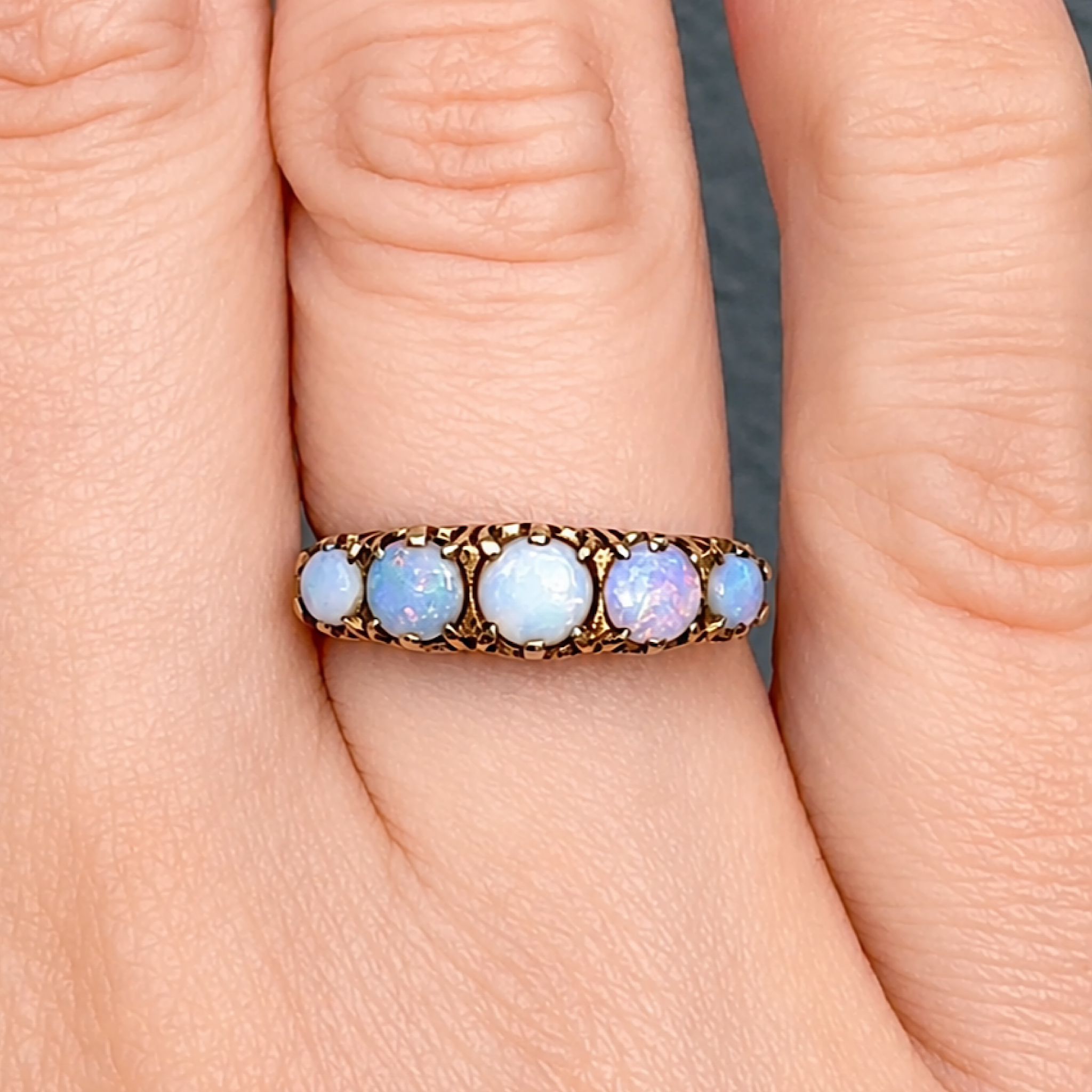 Antique Style 9ct Rose Gold Solid Opal Half Hoop Ring