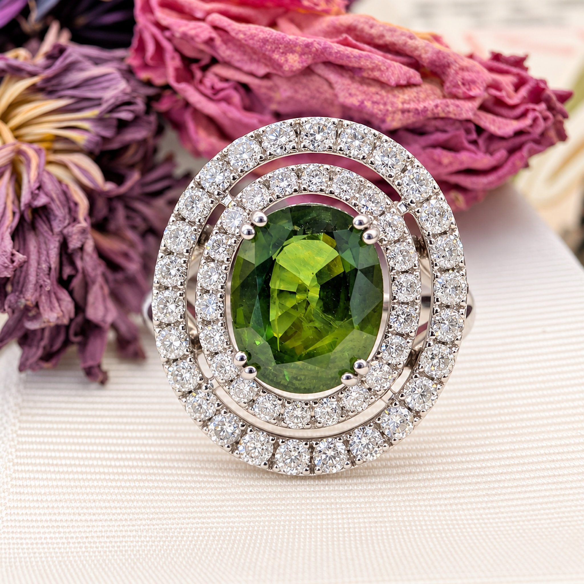 Stunning Contemporary 14ct White Gold Green Sapphire & Diamond Double Halo Ring. Independent Gemmological Valuation included $16,100 AUD