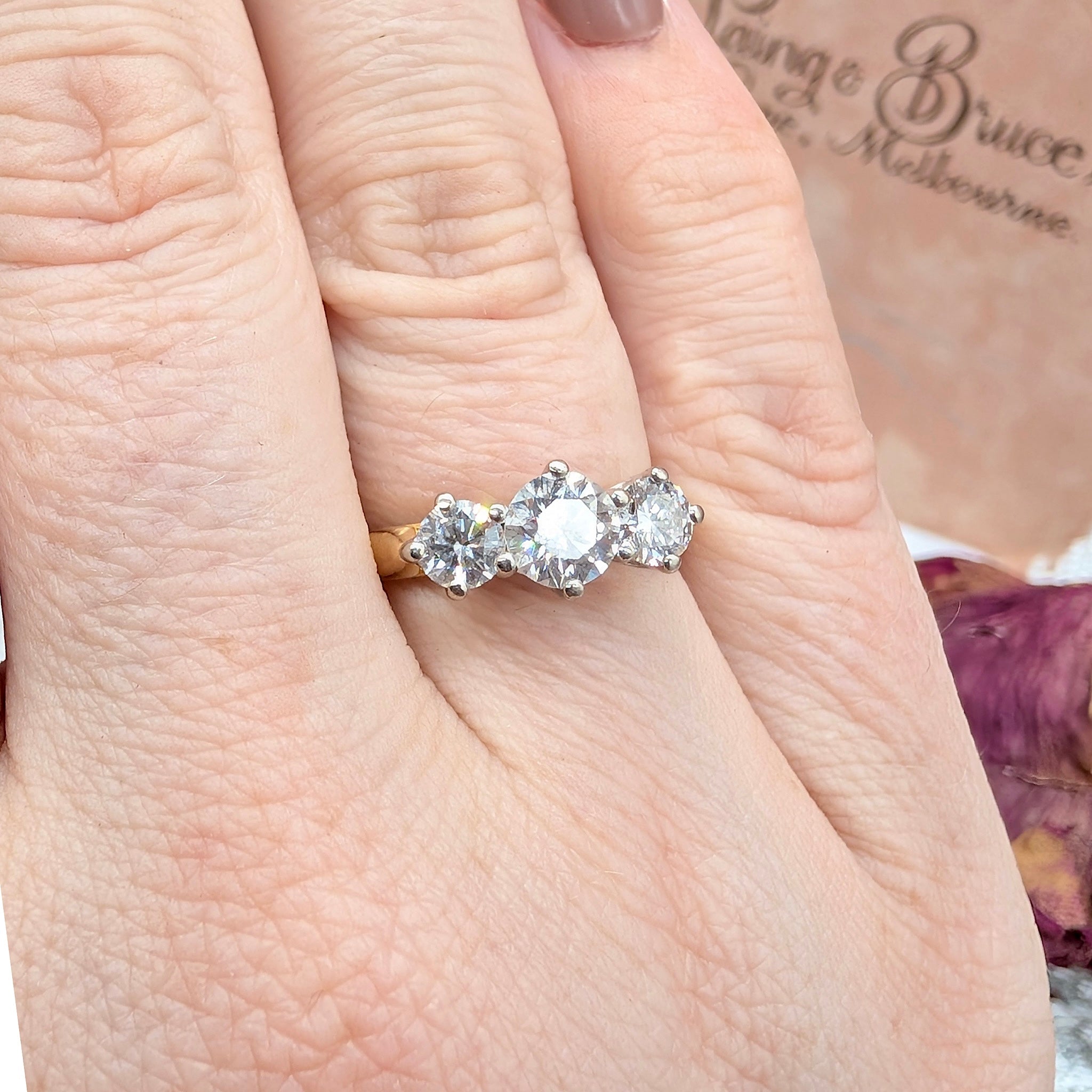 Modern 18ct Yellow Gold Diamond Trilogy Ring TDW 1.34ct Complete With A 2005 Insurance Replacement For $11,500 AUD and Diamond Identification Certificate