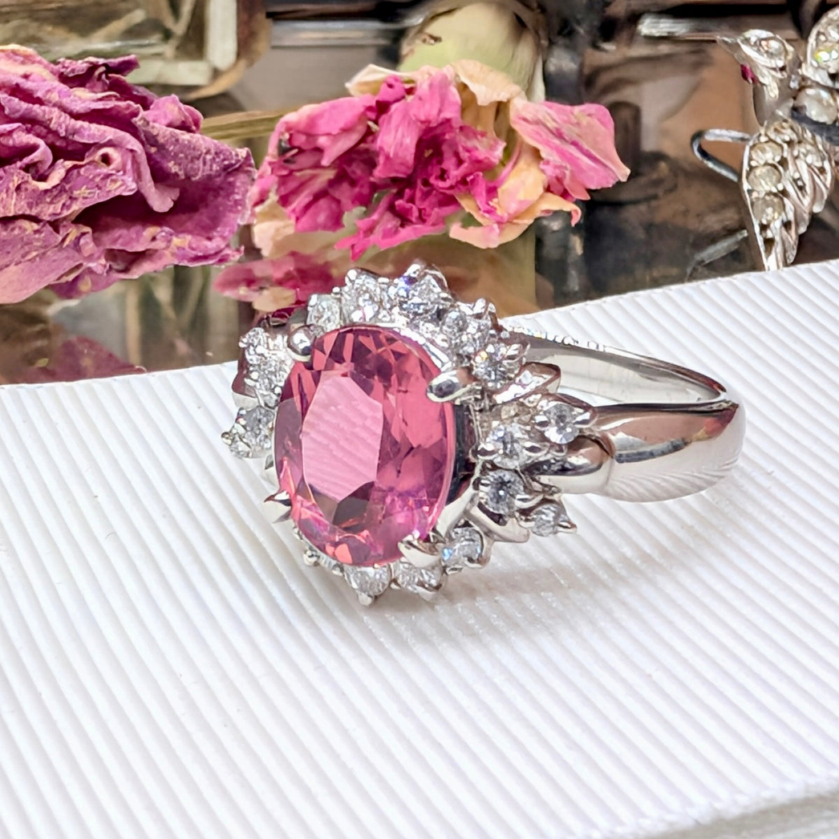 Stunning Contemporary Platinum Pink 1.61ct Tourmaline & Diamond Halo Ring Complete With An Independent Gemmological Valuation $6203.00 AUD