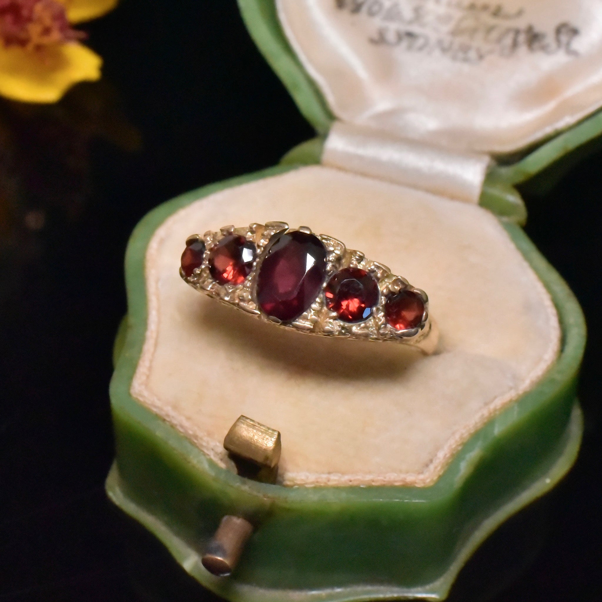 Vintage ‘Antique Style’ 9ct Yellow Gold Garnet Bridge Ring - Circa 1970’s