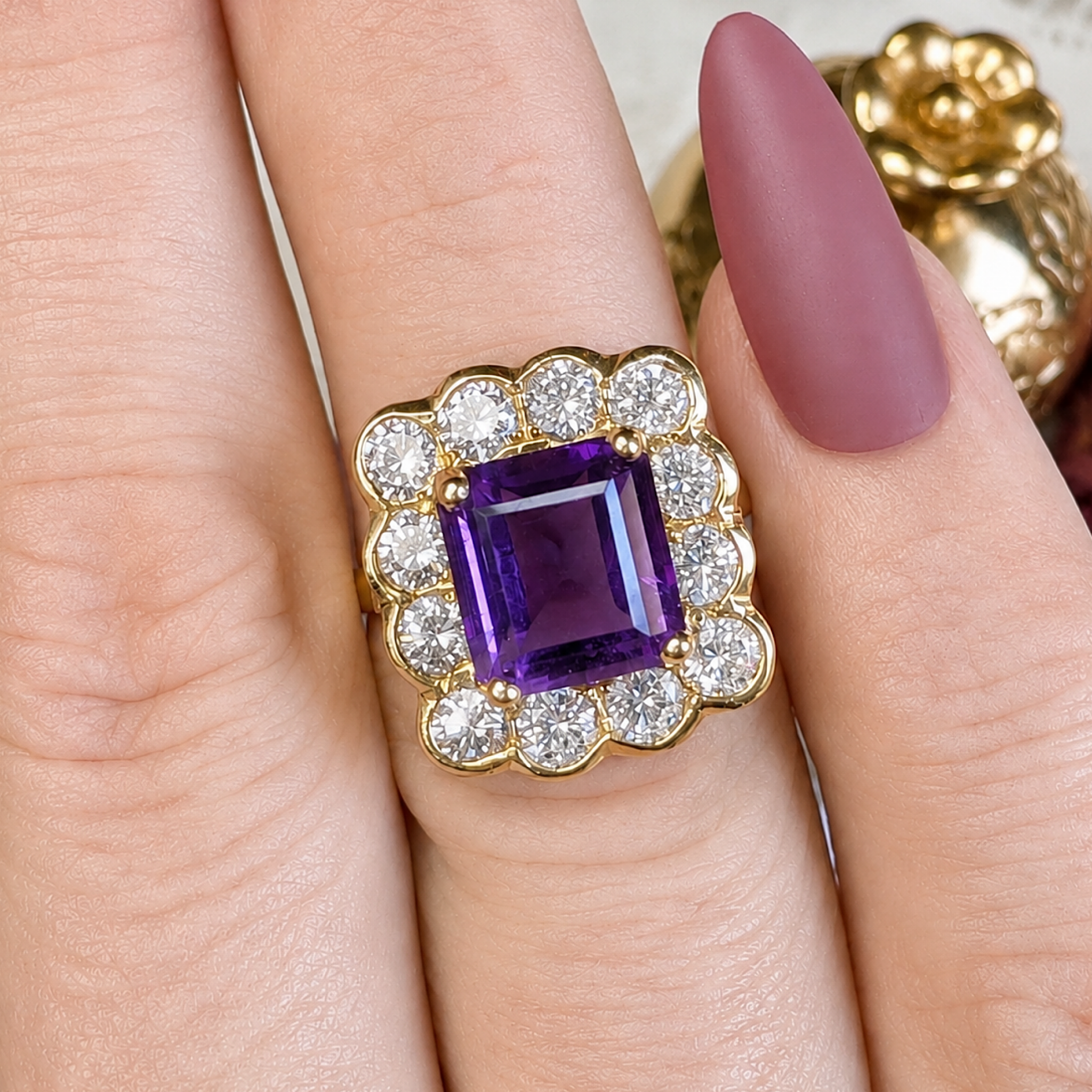 Superb Contemporary 18ct Yellow Gold Emerald-Cut Amethyst & Diamond Cluster Ring Complete with an Independent Valuation for $11,000 AUD
