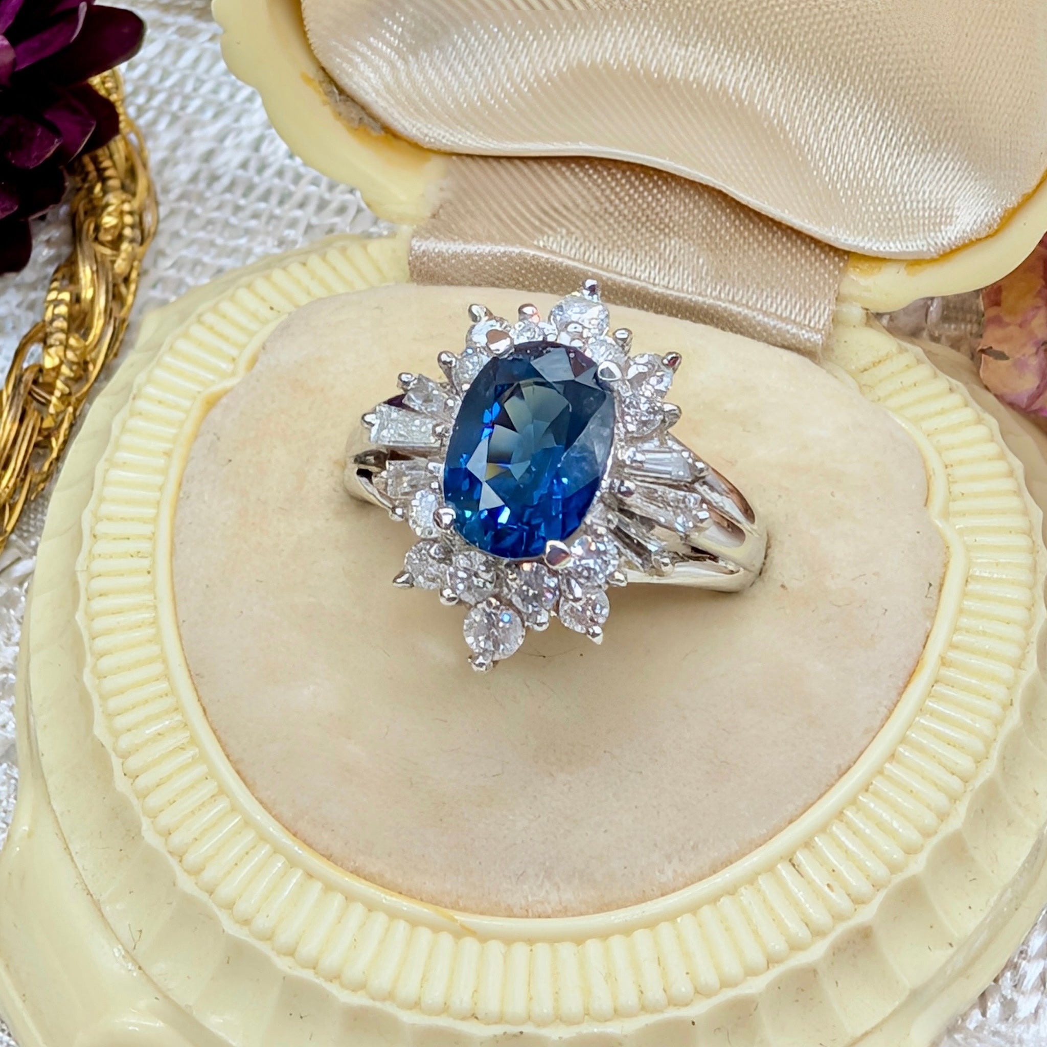 Superb Platinum Sapphire and Diamond Cluster Ring Complete With An Indepedent Gemmological Valuation for $14,380 AUD 