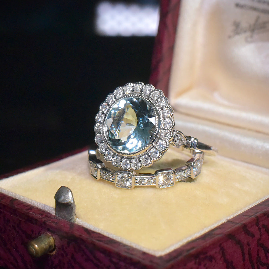 Modern 14ct White Gold Aquamarine And Diamond Daisy Halo Cluster