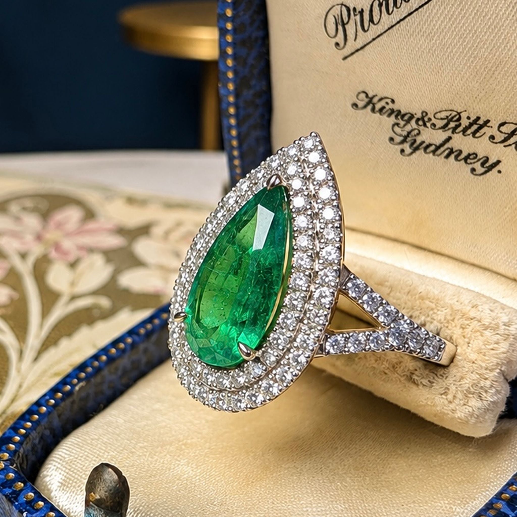 Contemporary 14ct Yellow Gold Pear-Shape 2.33ct Emerald and Diamond Ring Complete With An Independent Valuation for $12,452 AUD