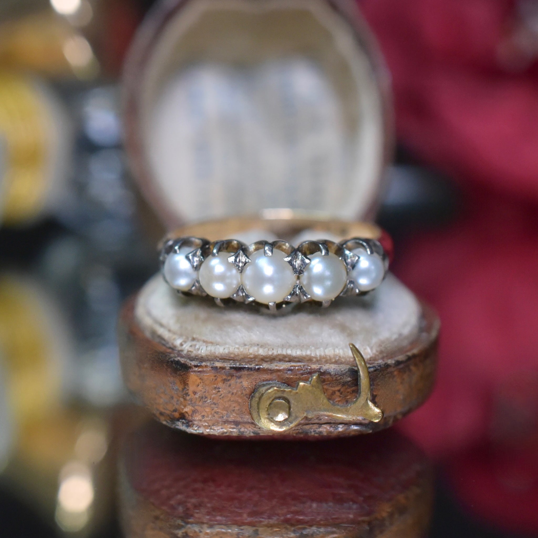 Antique Australian Edwardian 18ct Gold Pearl Half Hoop Ring - Circa 1910