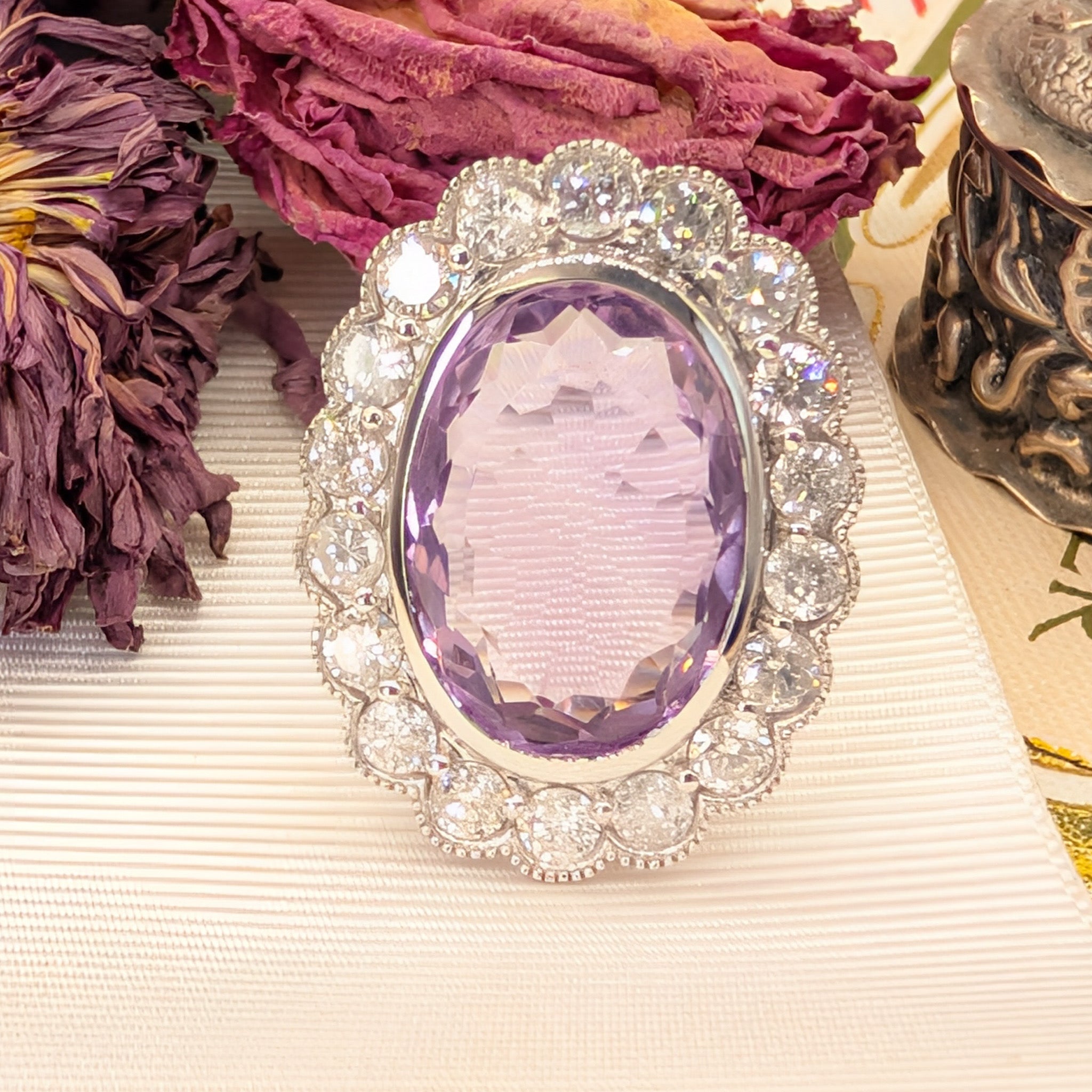 Superb 14ct White Gold Amethyst and Diamond Halo Ring Complete with an Independent Gemmological Valuation for $13,500 AUD