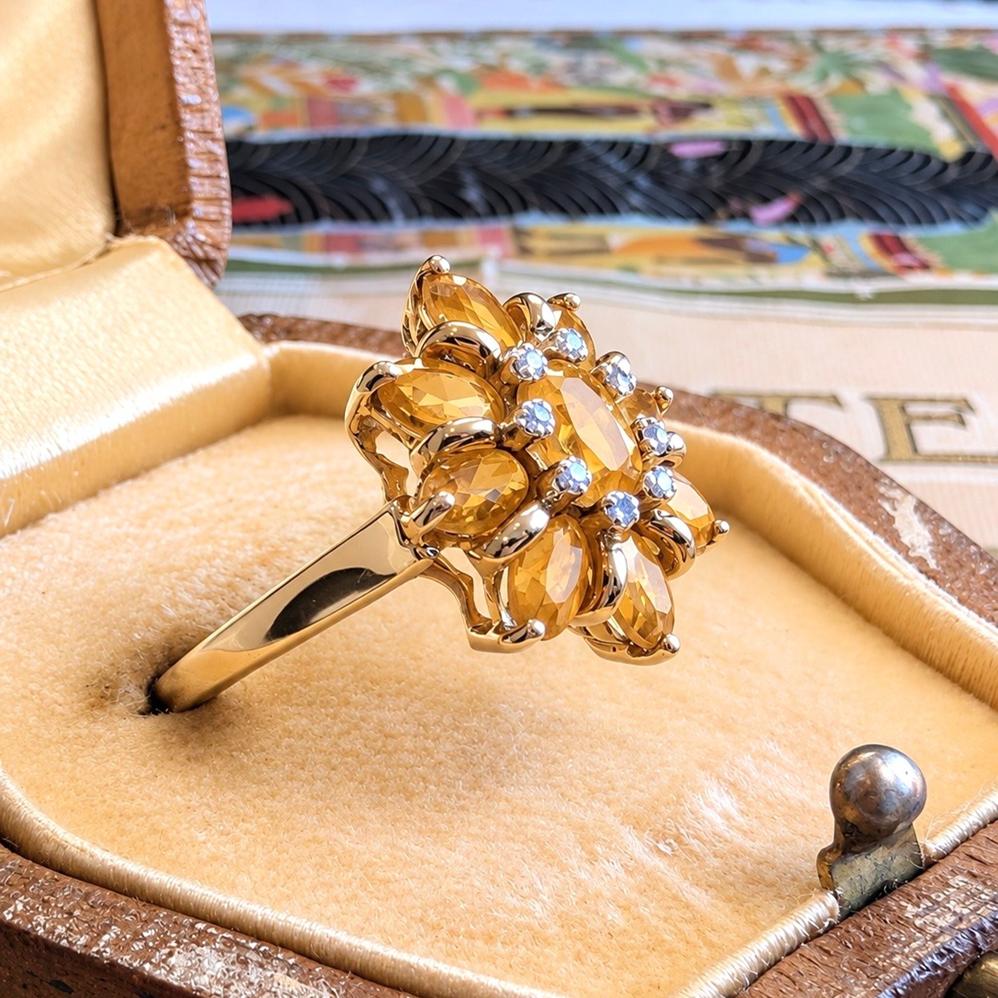 Modern 9ct Yellow Gold Citrine and Diamond Cluster Ring