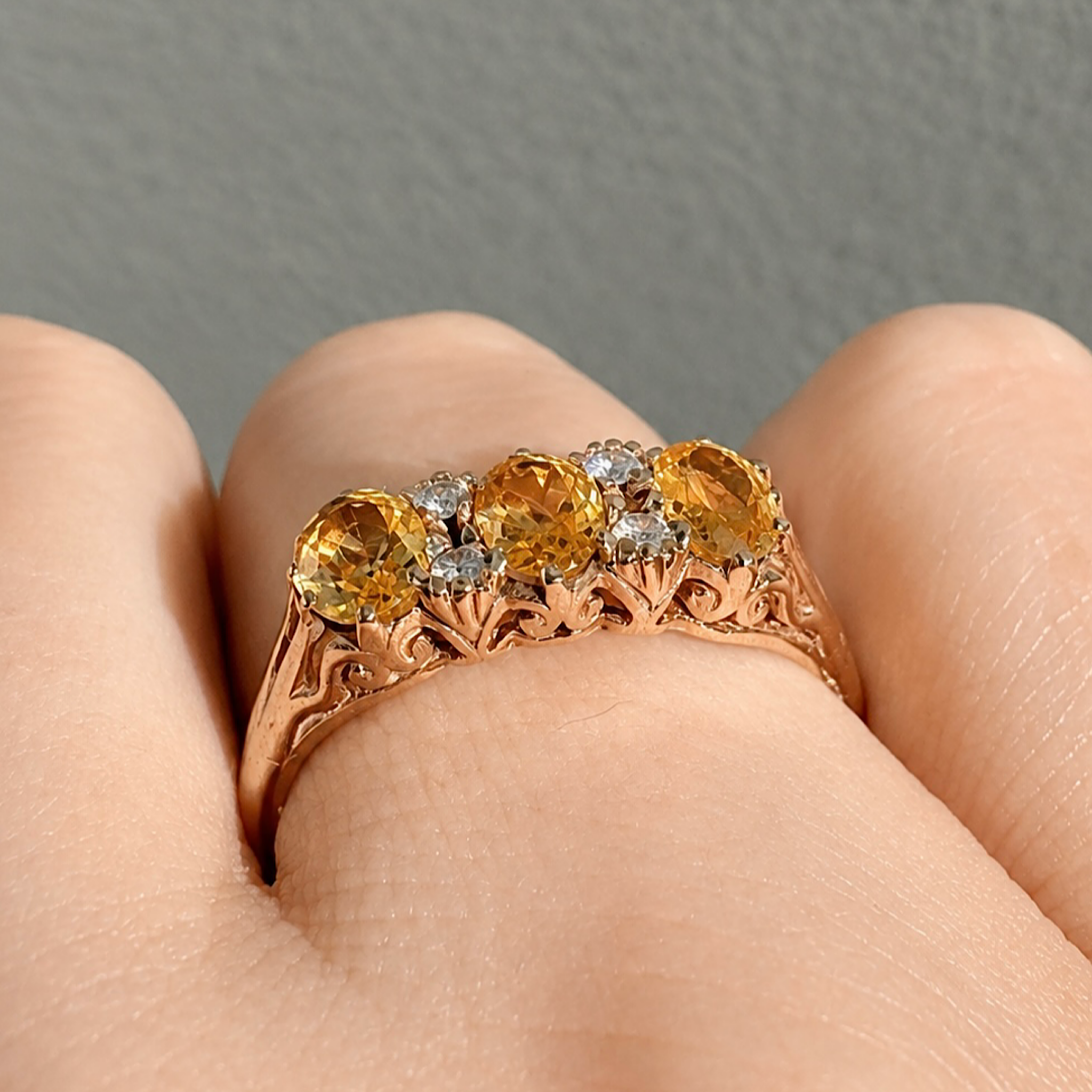 Vintage 9ct Yellow Gold Yellow Sapphire & Diamond ‘Trilogy’ Ring London 1984