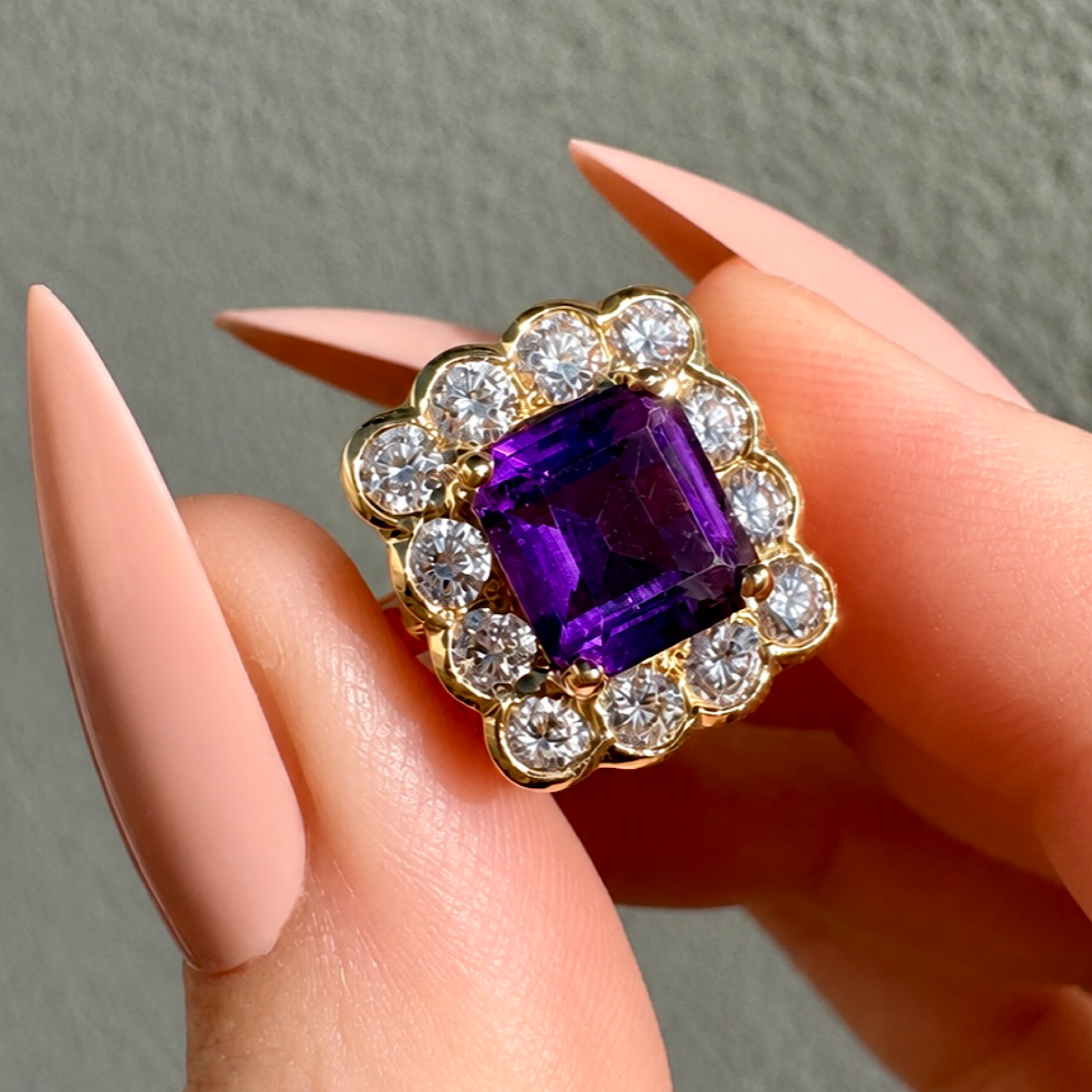 Superb Contemporary 18ct Yellow Gold Emerald-Cut Amethyst & Diamond Cluster Ring Complete with an Independent Valuation for $11,000 AUD