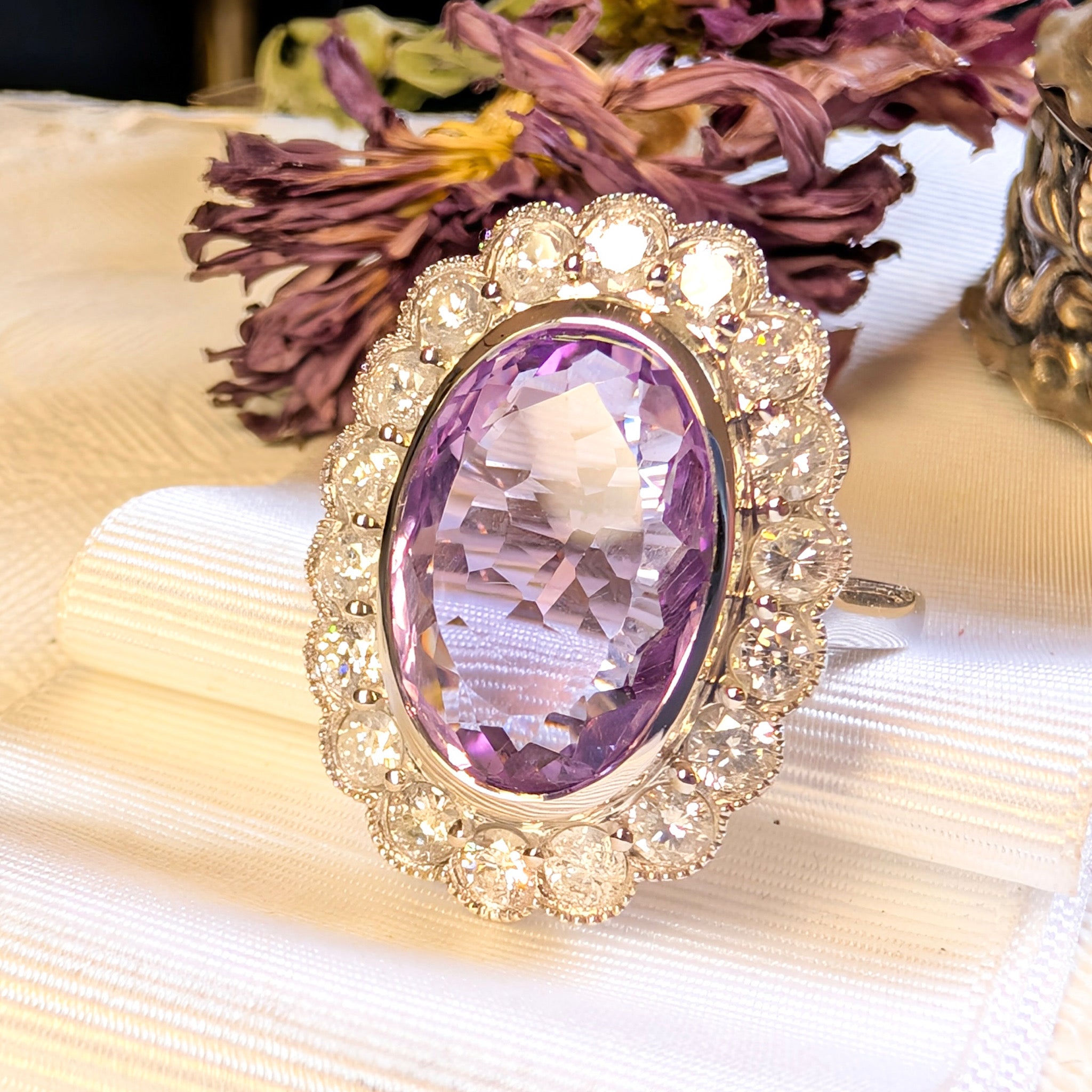 Superb 14ct White Gold Amethyst and Diamond Halo Ring Complete with an Independent Gemmological Valuation for $13,500 AUD