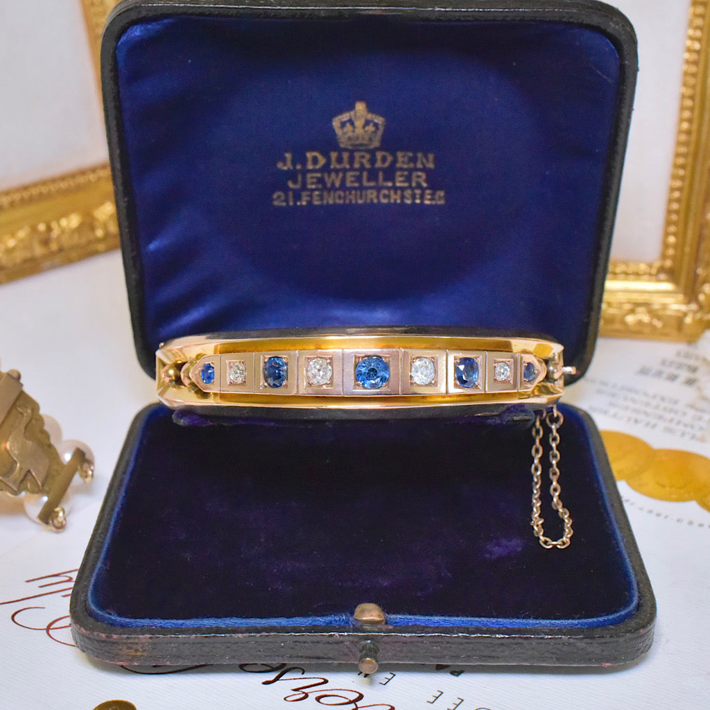 Antique Edwardian 9ct Yellow Gold Sapphire And Diamond Bangle Circa 1910 Independent Gemmological Valuation for $8000 AUD Included With Purchase