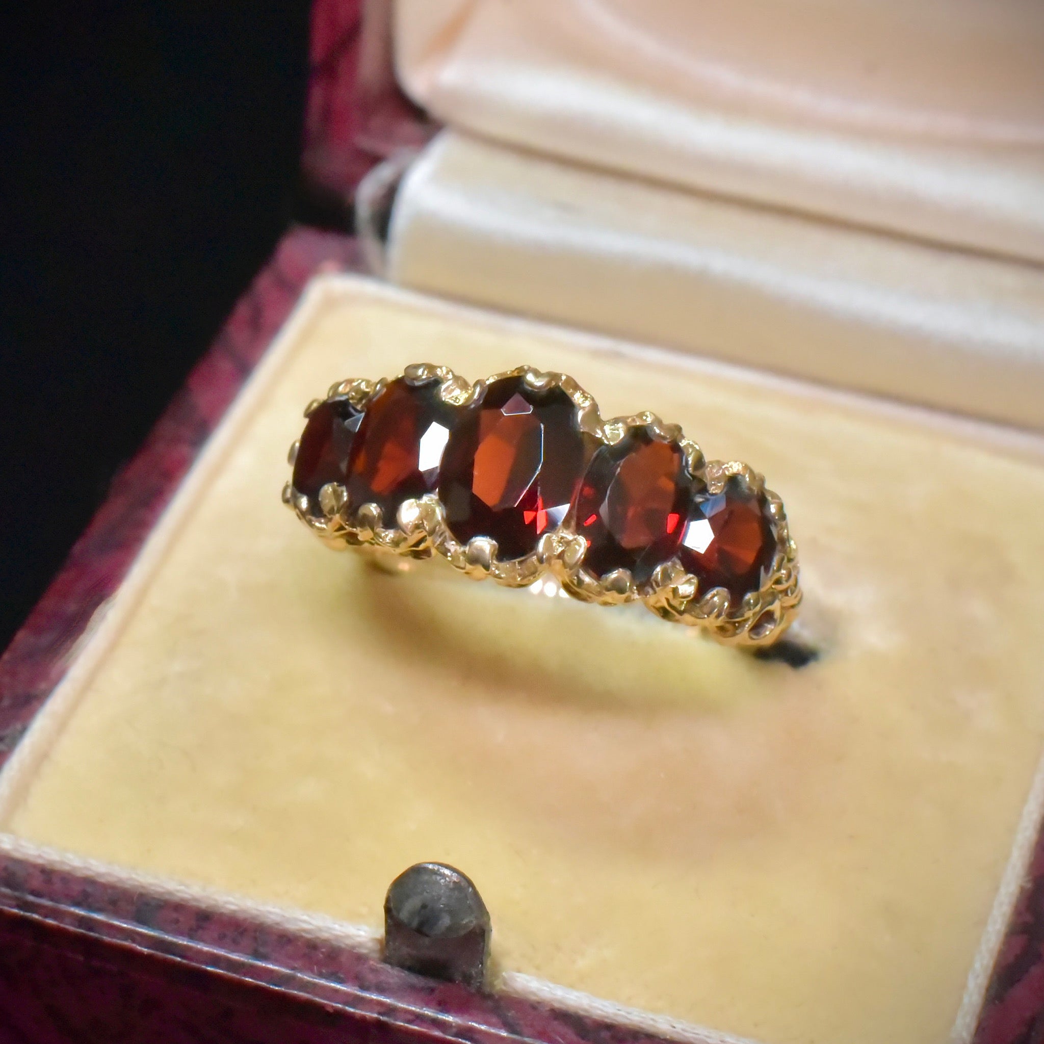 Vintage 9ct Yellow Gold Garnet Five-Stone Half Hoop Ring - Birmingham 1972