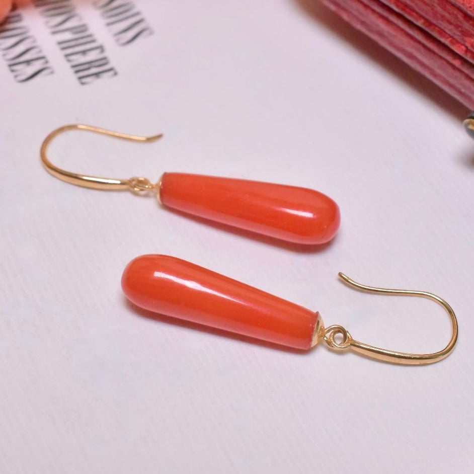Contemporary 18ct Gold Red Coral Torpedo Drop Earrings