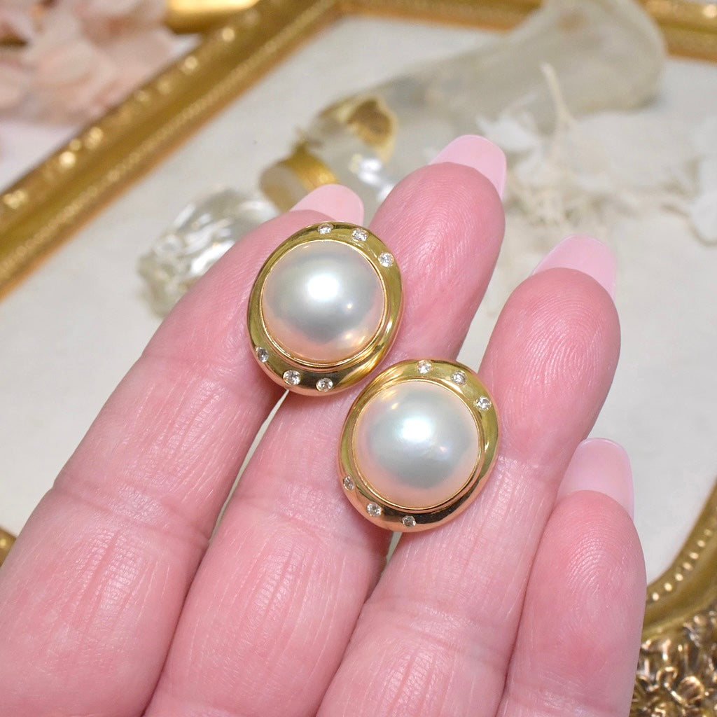 Superb Modern 18ct Yellow Gold Mabe Pearl And Diamond Earrings - 10 Grams