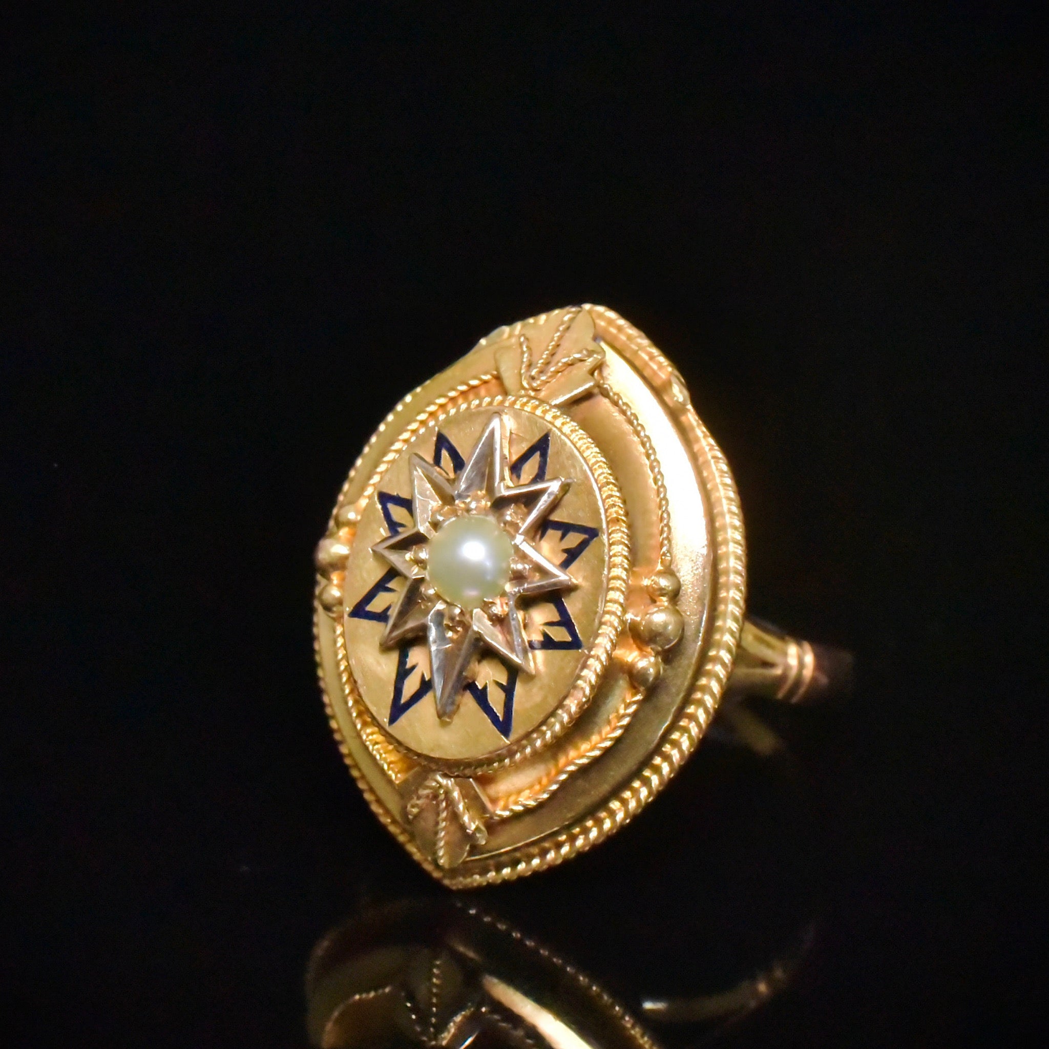 Antique Victorian Etruscan Revival 9ct And 15ct Yellow Gold Pearl & Enamel Ring Circa 1870-1885