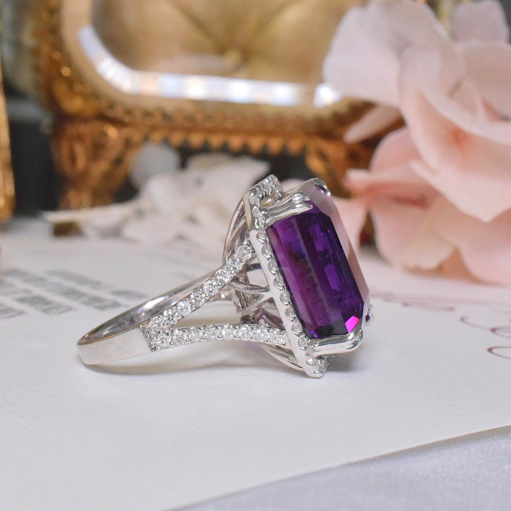 Contemporary 14ct White Gold Amethyst And Diamond Ring Independent Valuation Included $6290.00 AUD