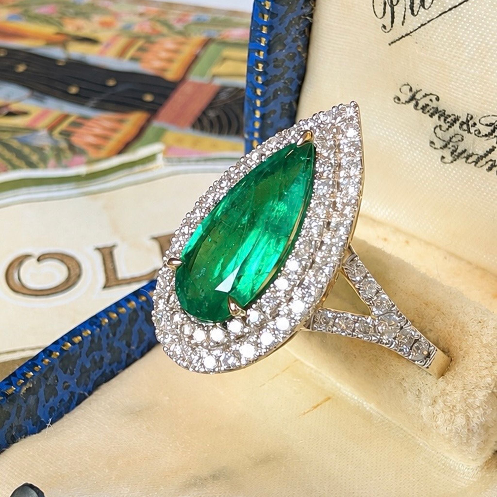 Contemporary 14ct Yellow Gold Pear-Shape 2.33ct Emerald and Diamond Ring Complete With An Independent Valuation for $12,452 AUD