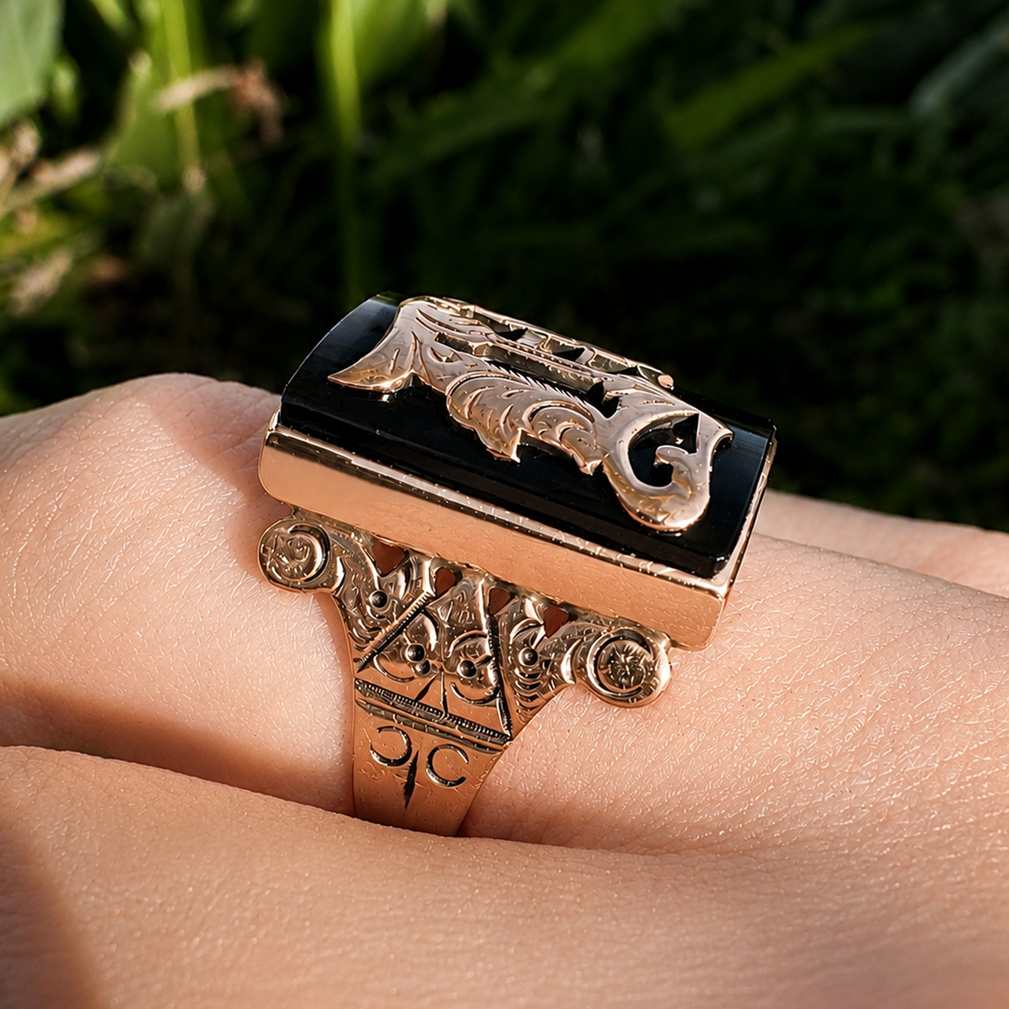 Antique Victorian 10 Carat Rose Gold Onyx Monogram ‘D’ Signet Ring – Patented By William Leidig, 1890
