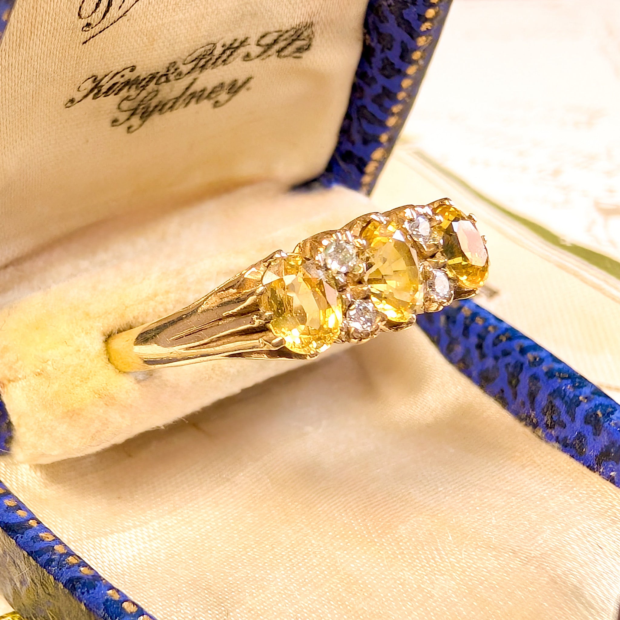 Vintage 9ct Yellow Gold Yellow Sapphire & Diamond ‘Trilogy’ Ring London 1984