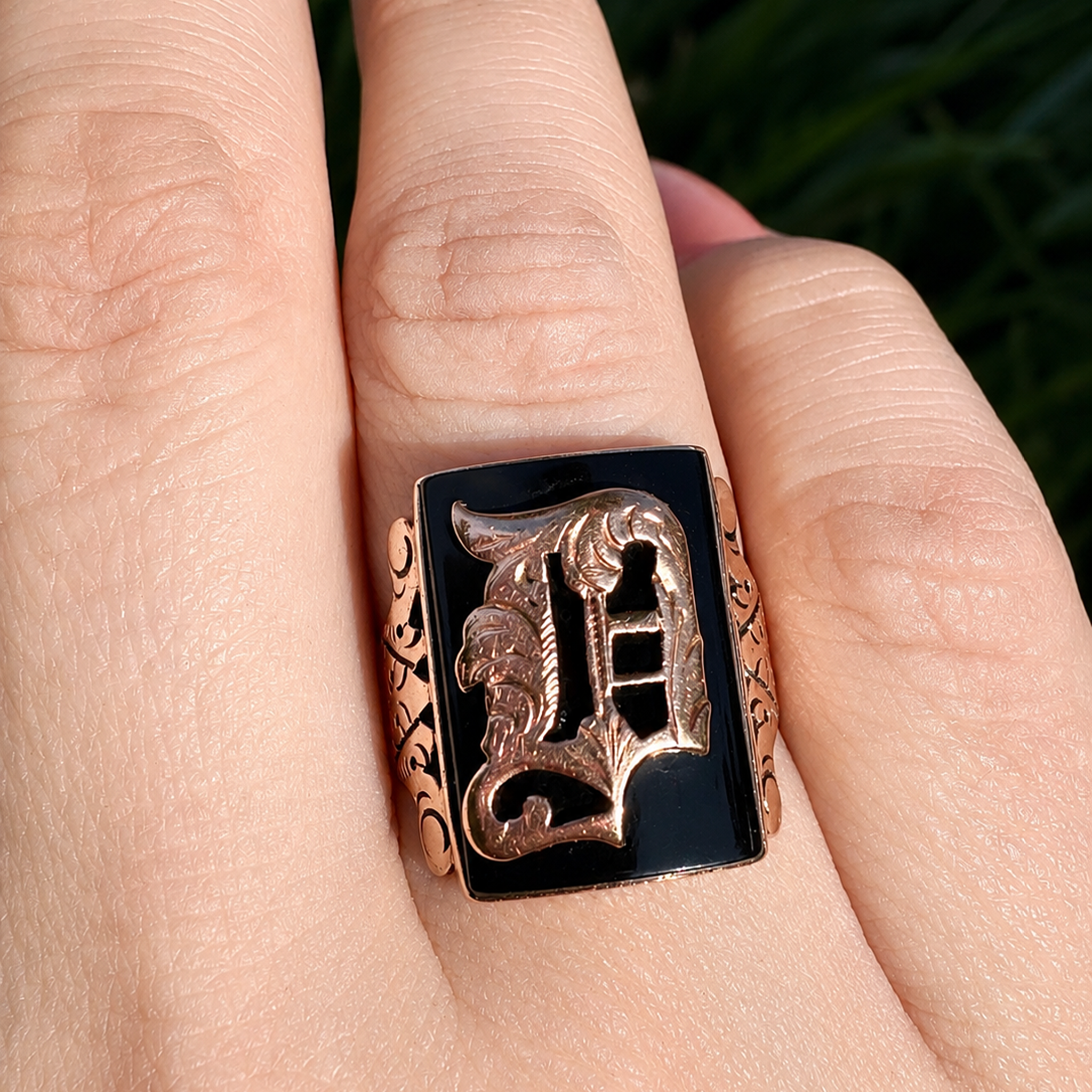 Antique Victorian 10 Carat Rose Gold Onyx Monogram ‘D’ Signet Ring – Patented By William Leidig, 1890