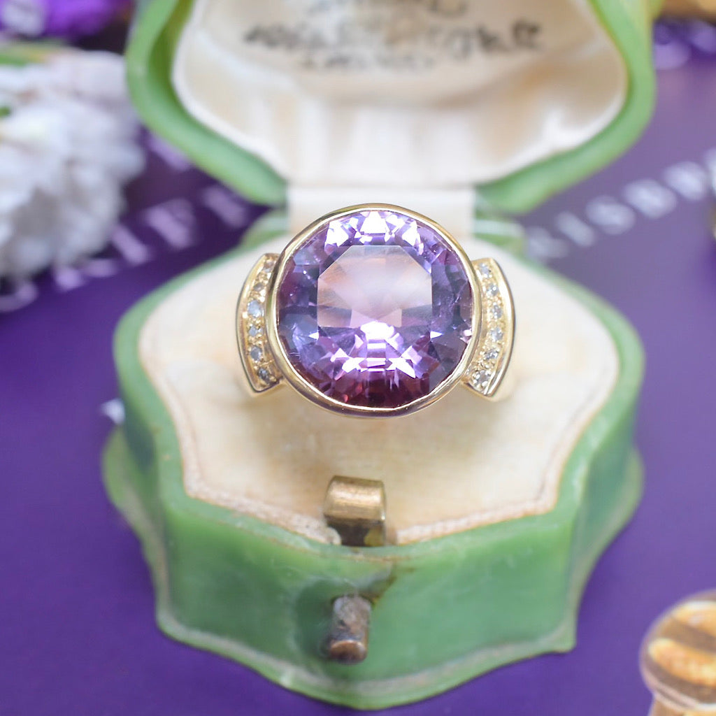 Contemporary 18ct Yellow Gold Amethyst And Diamond Ring Independent Valuation $5000.00 AUD