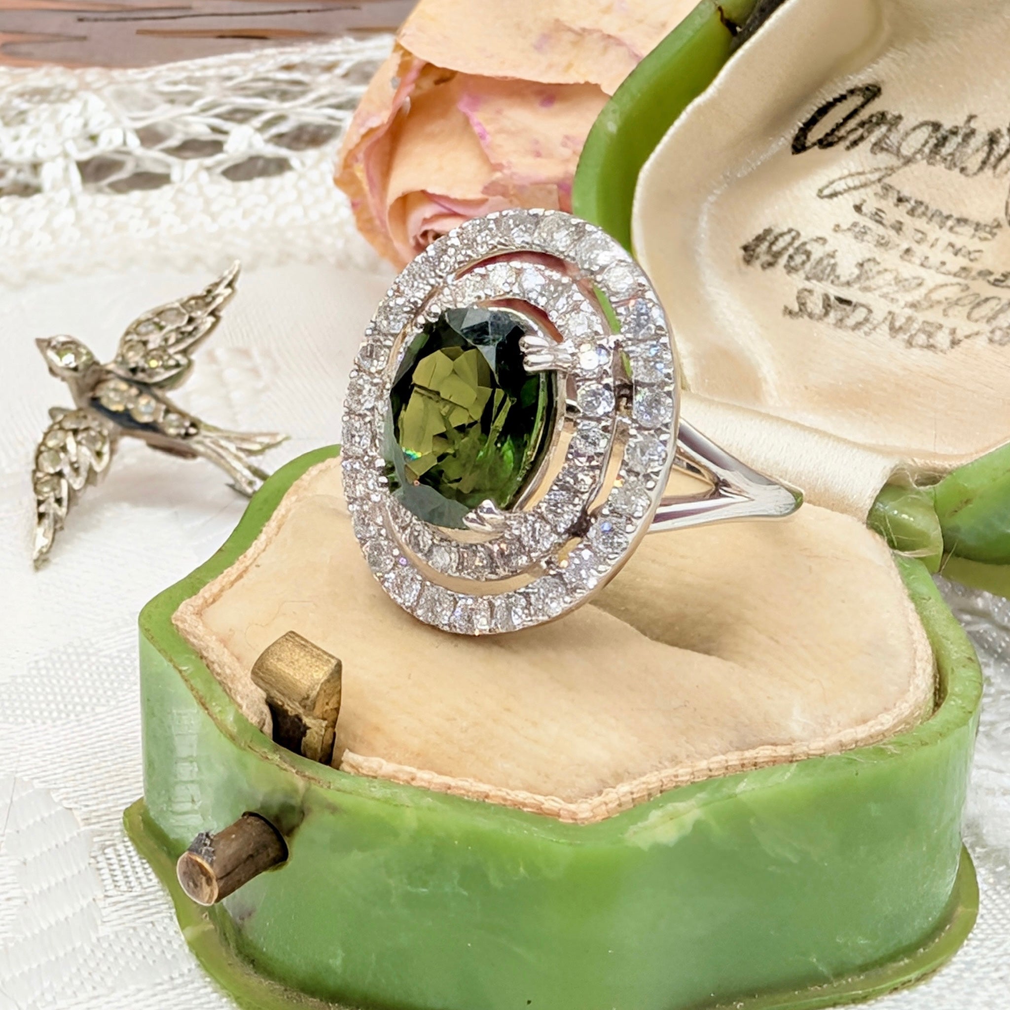 Stunning Contemporary 14ct White Gold Green Sapphire & Diamond Double Halo Ring. Independent Gemmological Valuation included $16,100 AUD