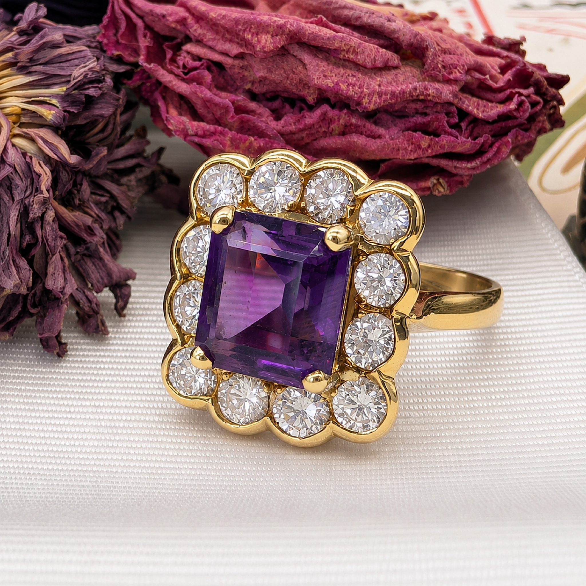 Superb Contemporary 18ct Yellow Gold Emerald-Cut Amethyst & Diamond Cluster Ring Complete with an Independent Valuation for $11,000 AUD