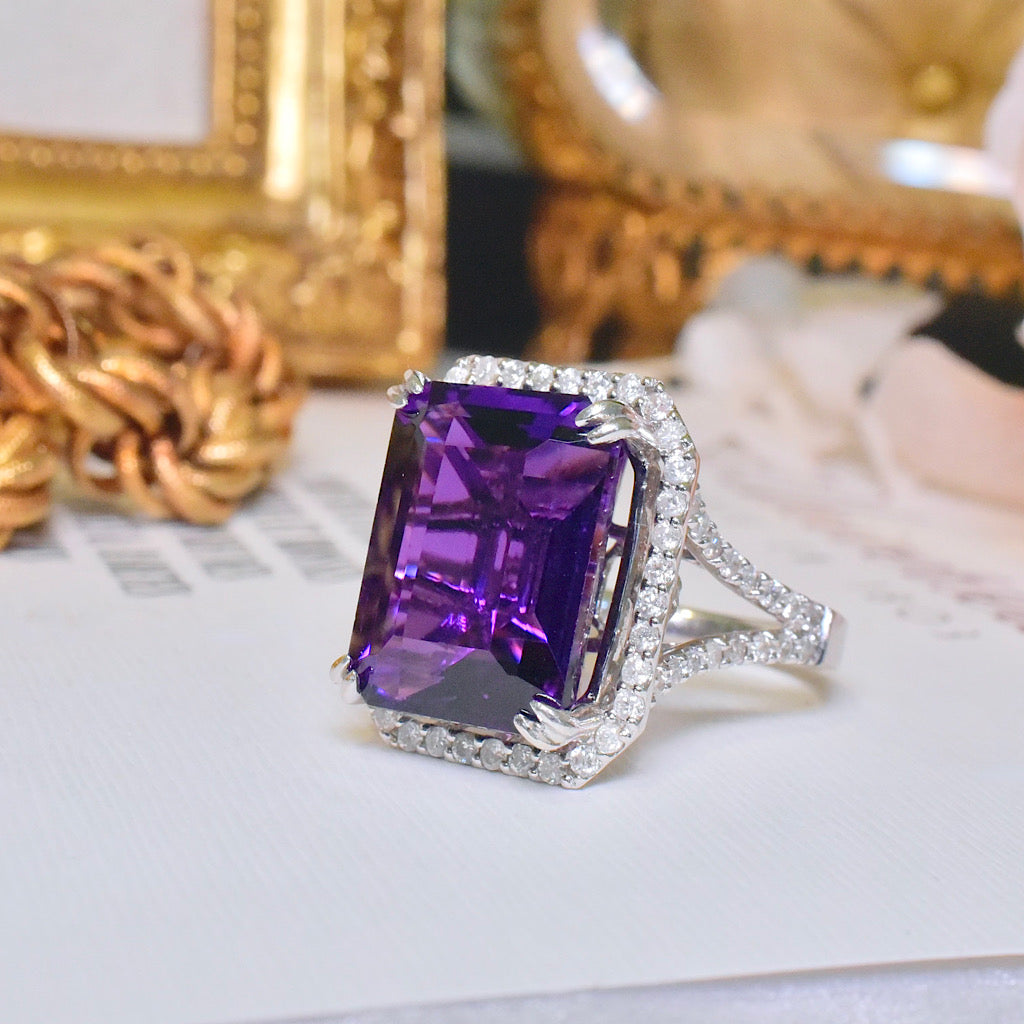 Contemporary 14ct White Gold Amethyst And Diamond Ring Independent Valuation Included $6290.00 AUD