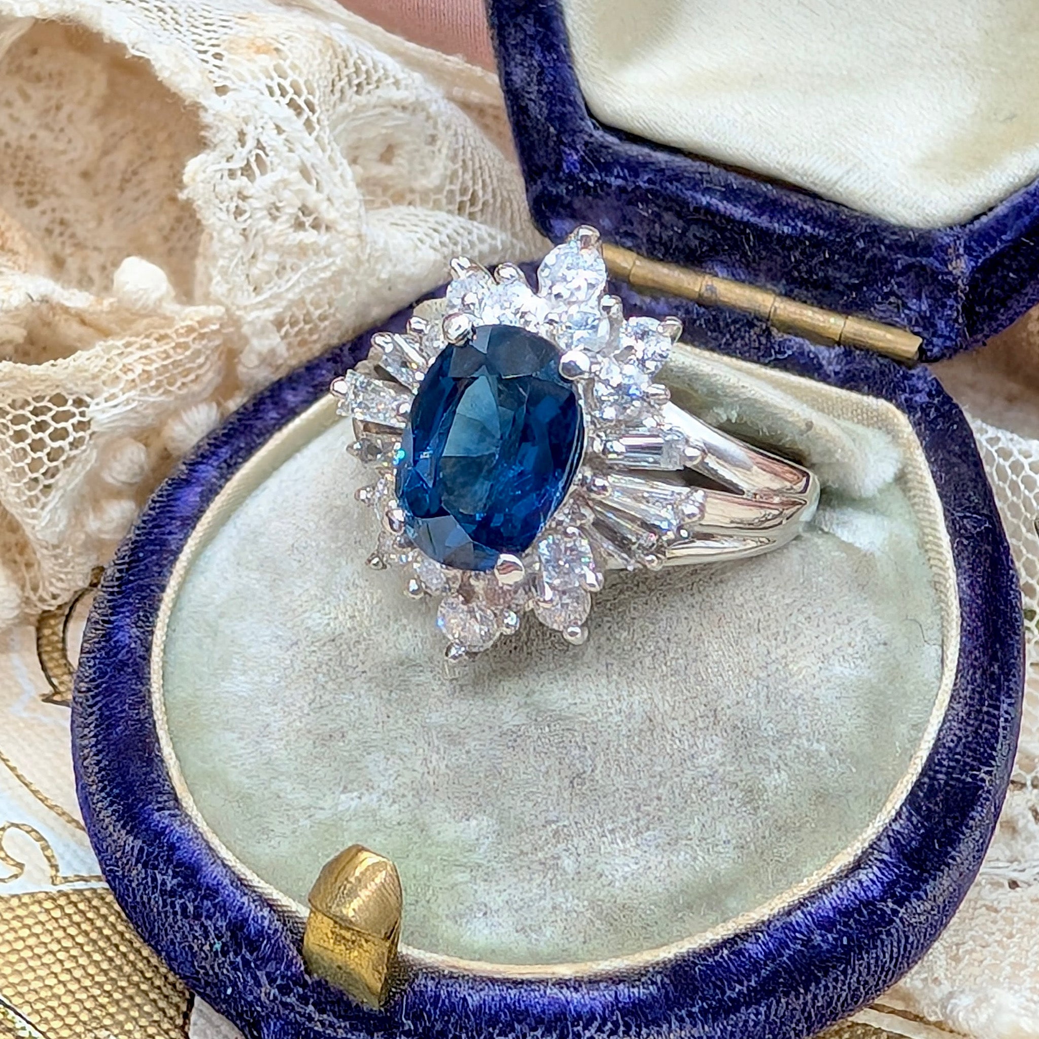 Superb Platinum Sapphire and Diamond Cluster Ring Complete With An Indepedent Gemmological Valuation for $14,380 AUD 