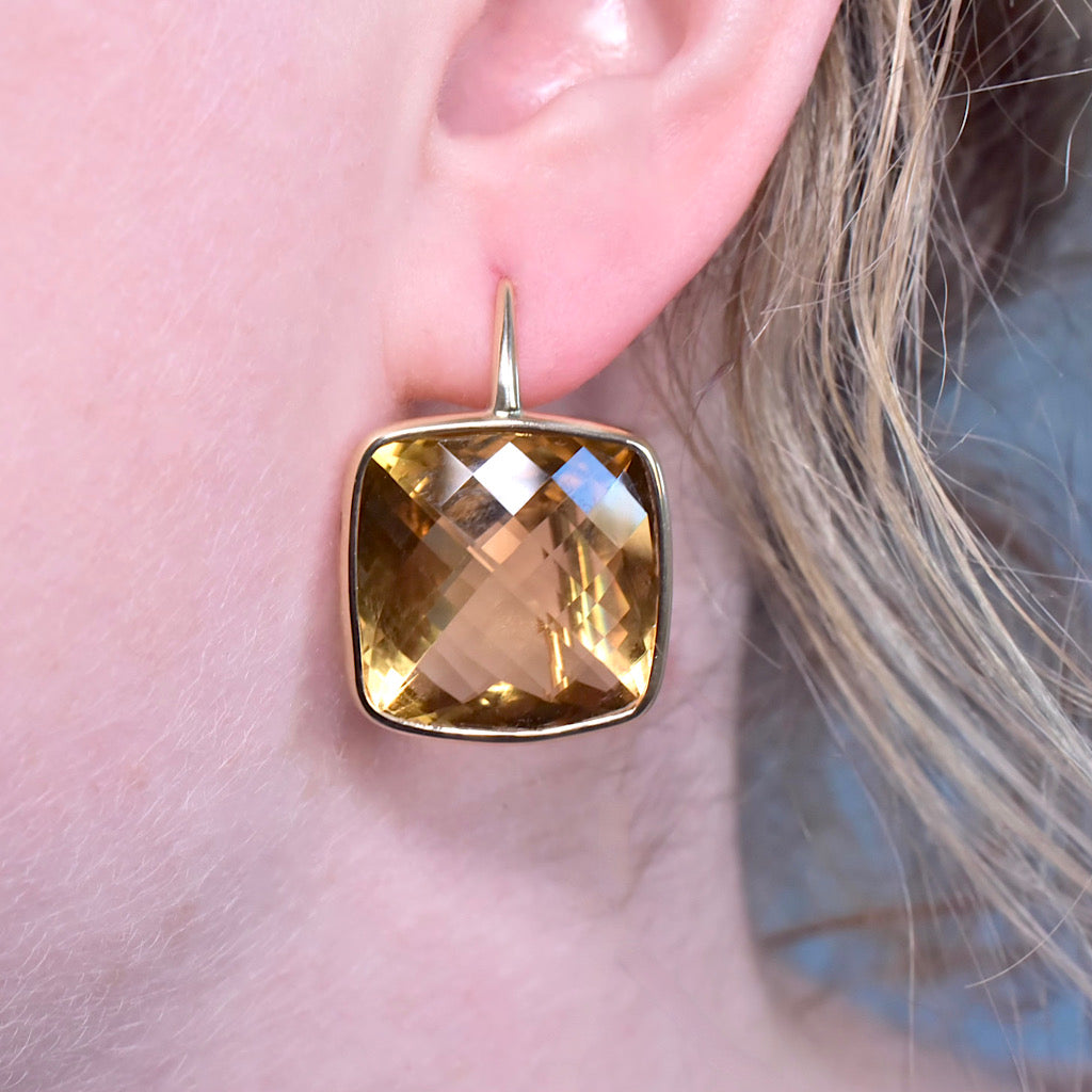 Modern 9ct Yellow Gold Checkerboard Cut Citrine Earrings - 36ct