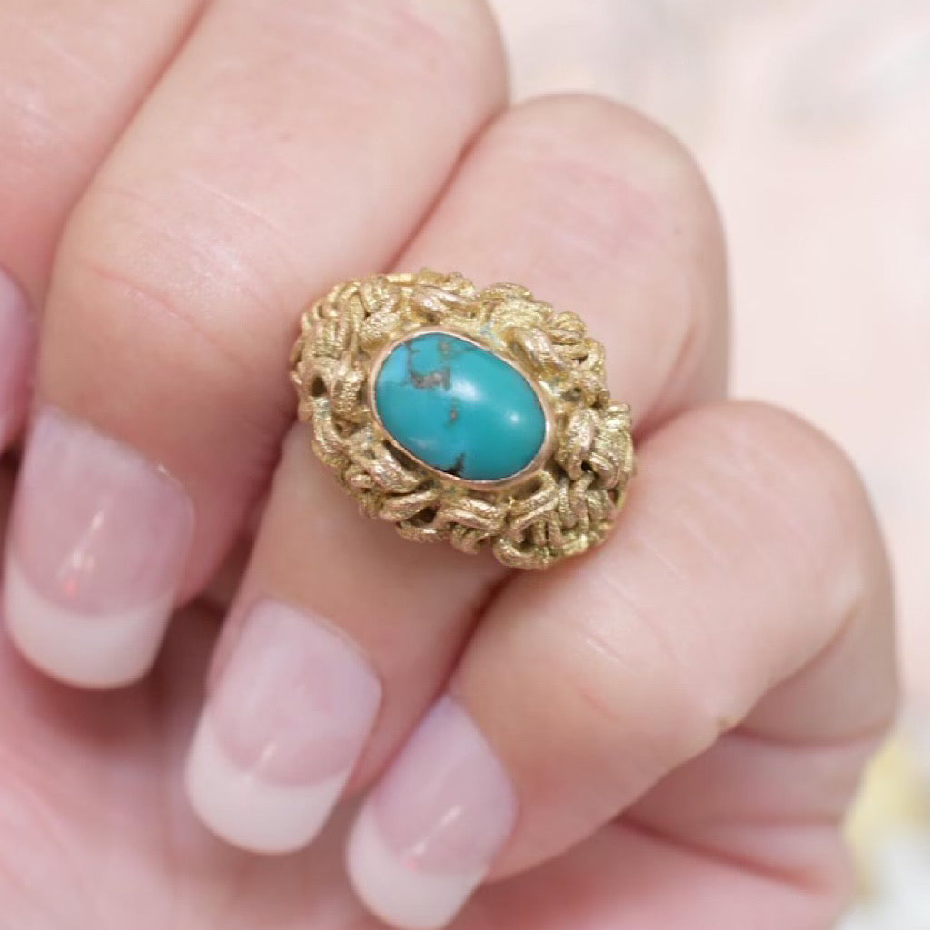 Vintage 14ct Rose Gold And Turquoise Cabochon Ring Circa 1960’s